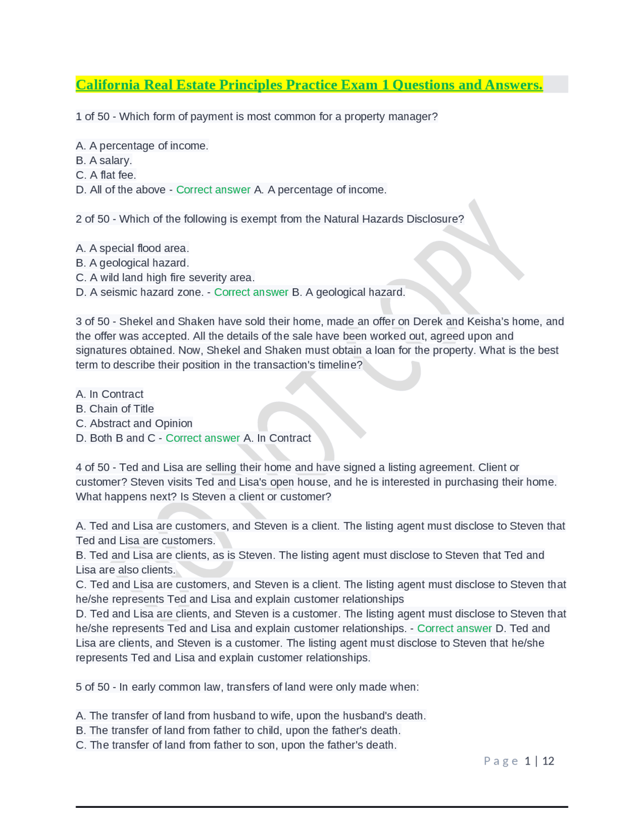 California Real Estate Principles Practice Exam 1 Questions and Answers. Exams Laboratory