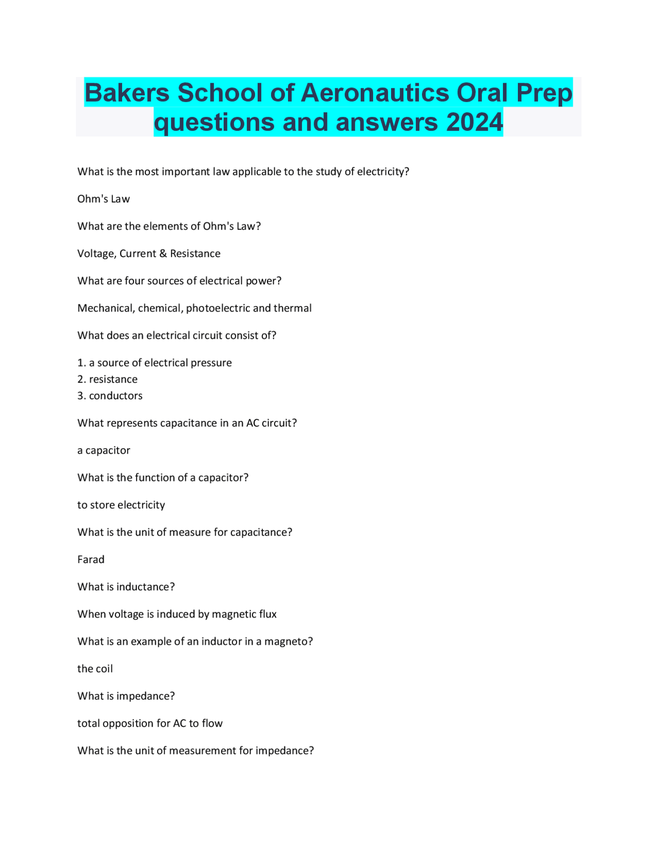 Bakers School of Aeronautics Oral Prep questions and answers 2024