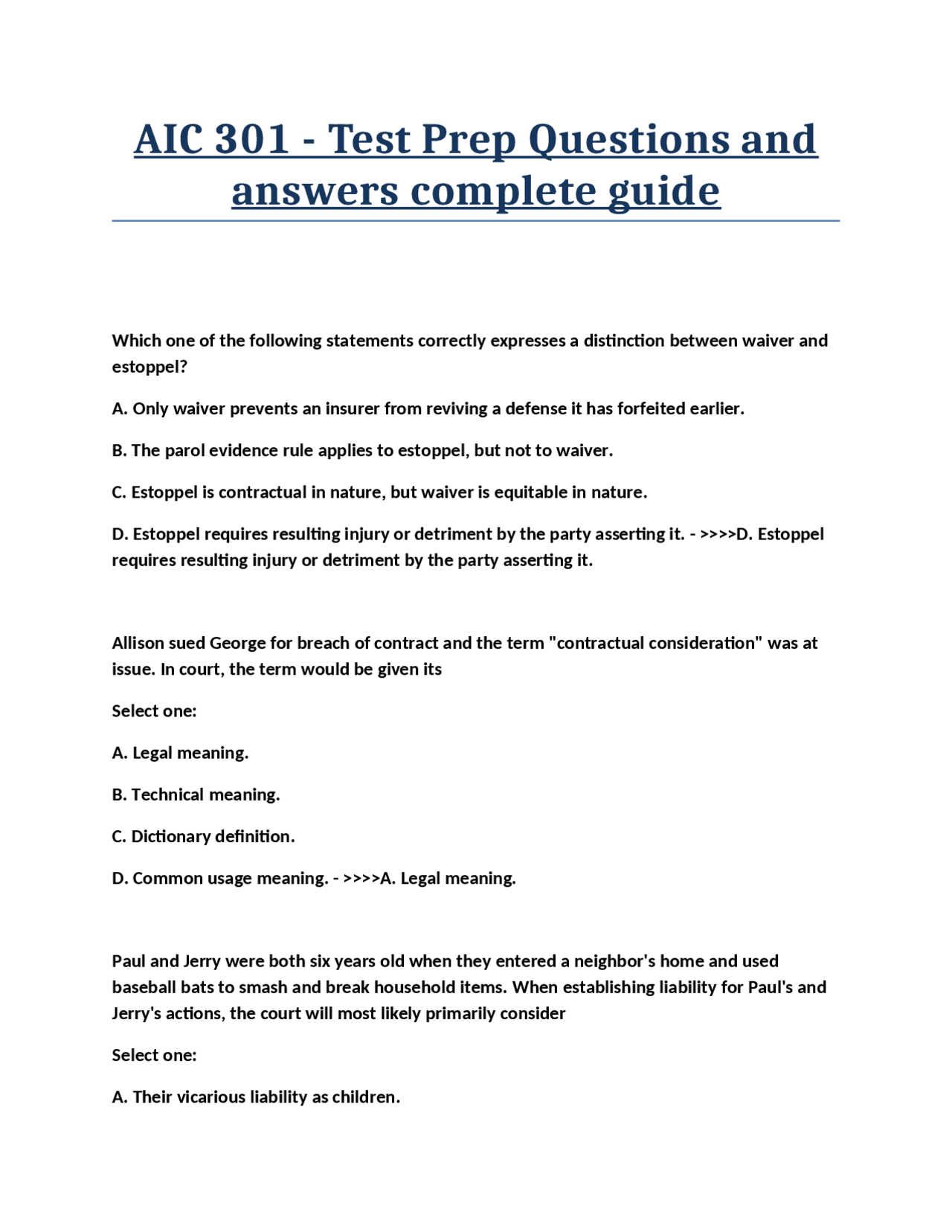 AIC 301 - Test Prep Questions and answers complete guide
