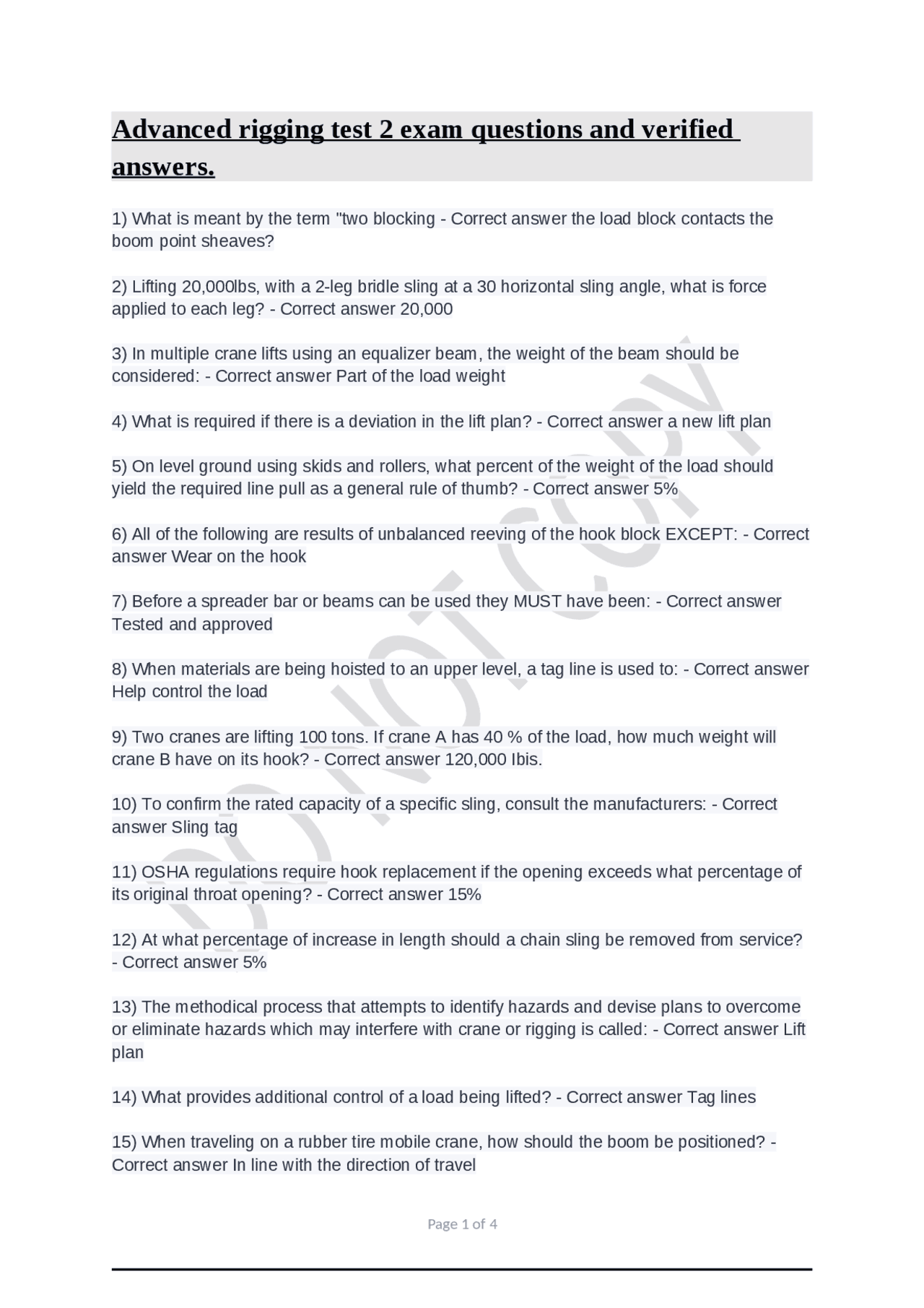 Advanced rigging test 2 exam questions and verified answers. Exams