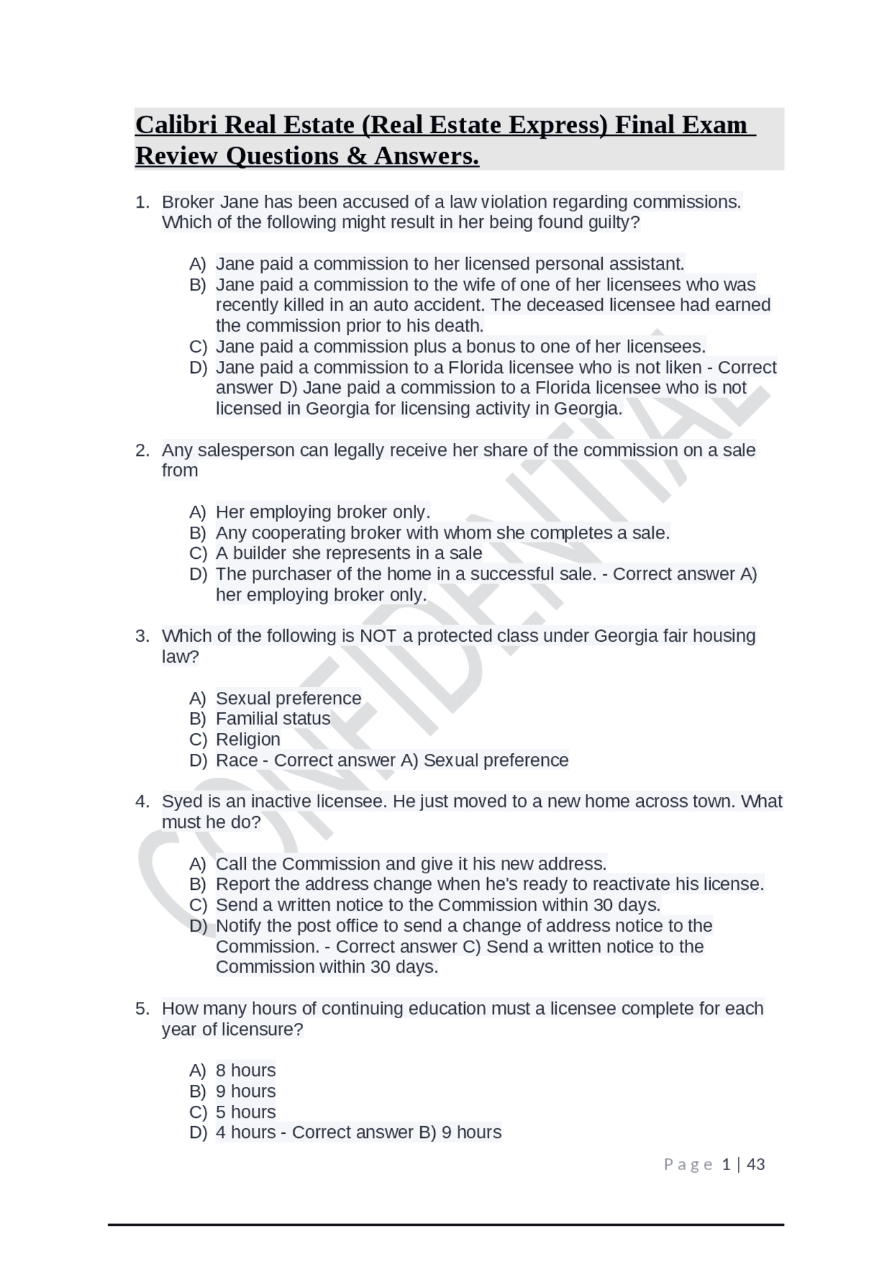 Colibri Real Estate (Real Estate Express) Final Exam Review Questions