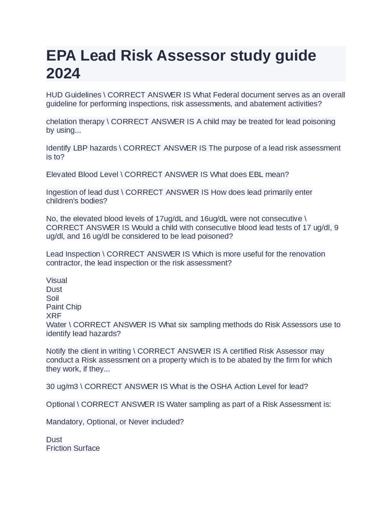 EPA Lead Risk Assessor Study Guide for 2024 | Exams Nursing | Docsity