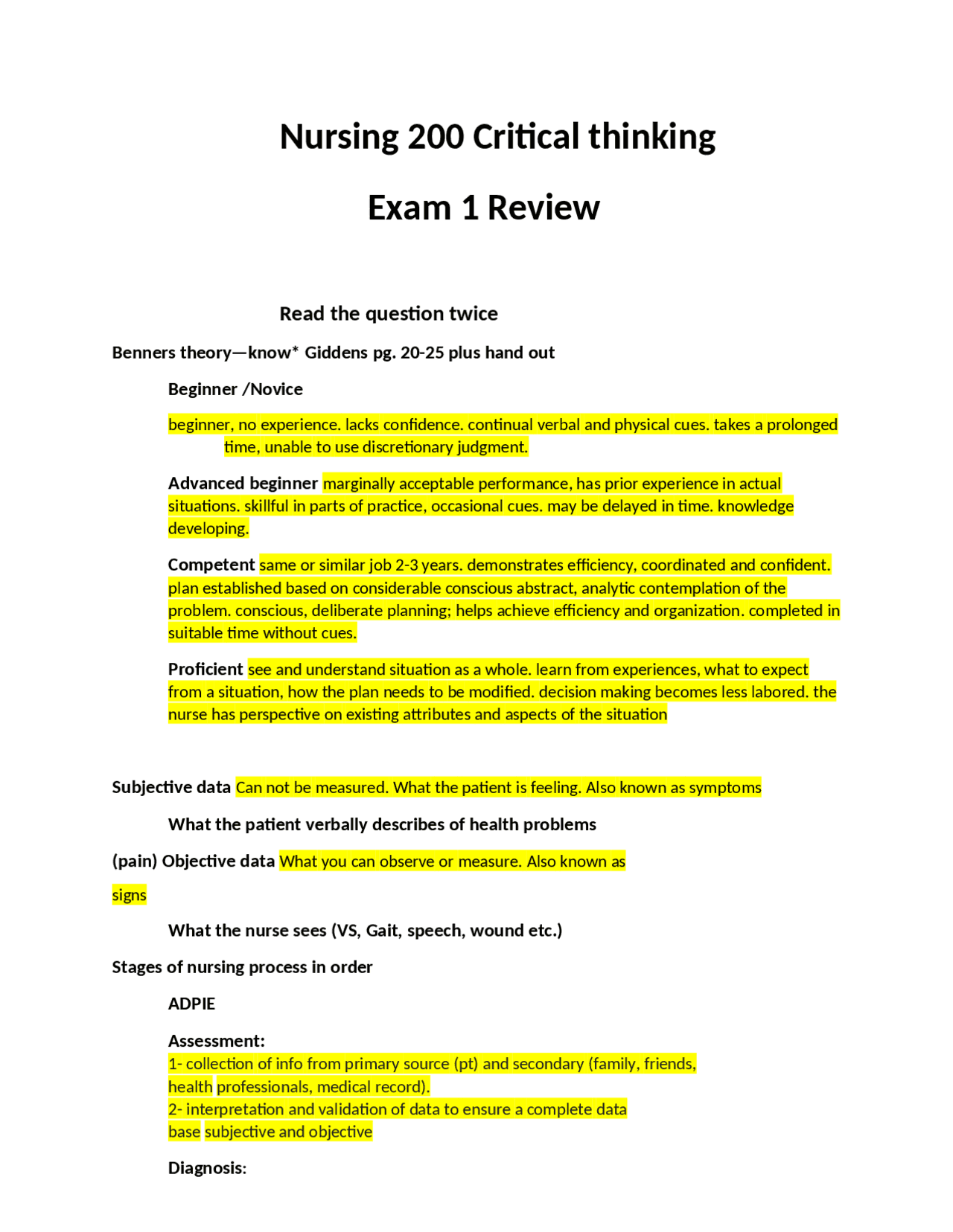 Nursing 200 Critical thinking Exam 1 Review | Study Guides, Projects ...