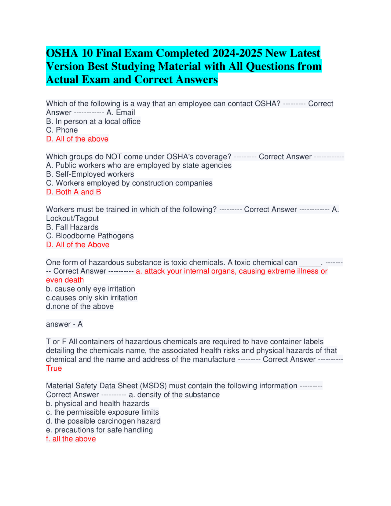 OSHA 10 Final Exam Completed 2024-2025 New Latest Version Best Studying ...