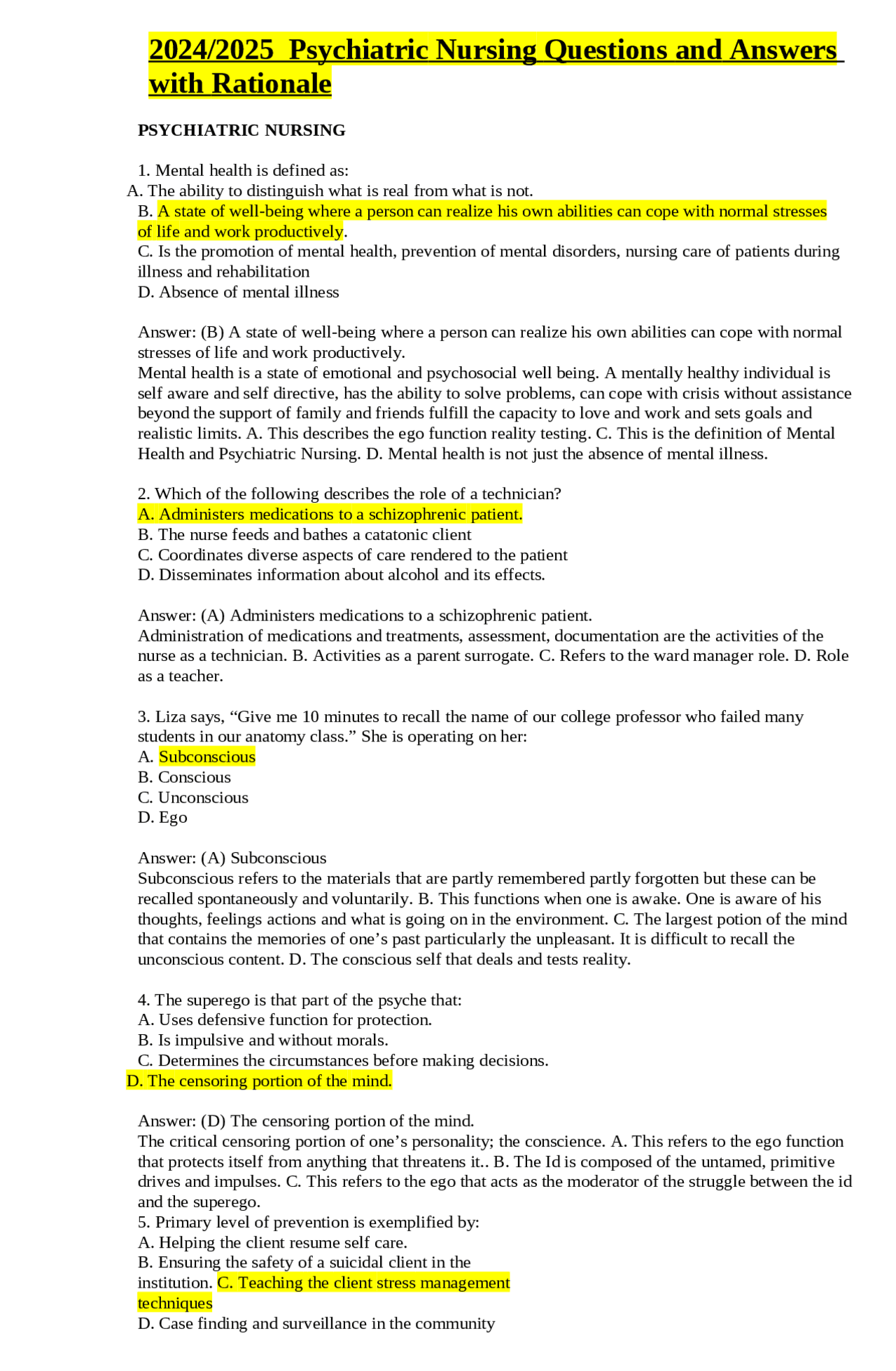 2024/2025 Psychiatric Nursing Questions and Answers with Rationale ...