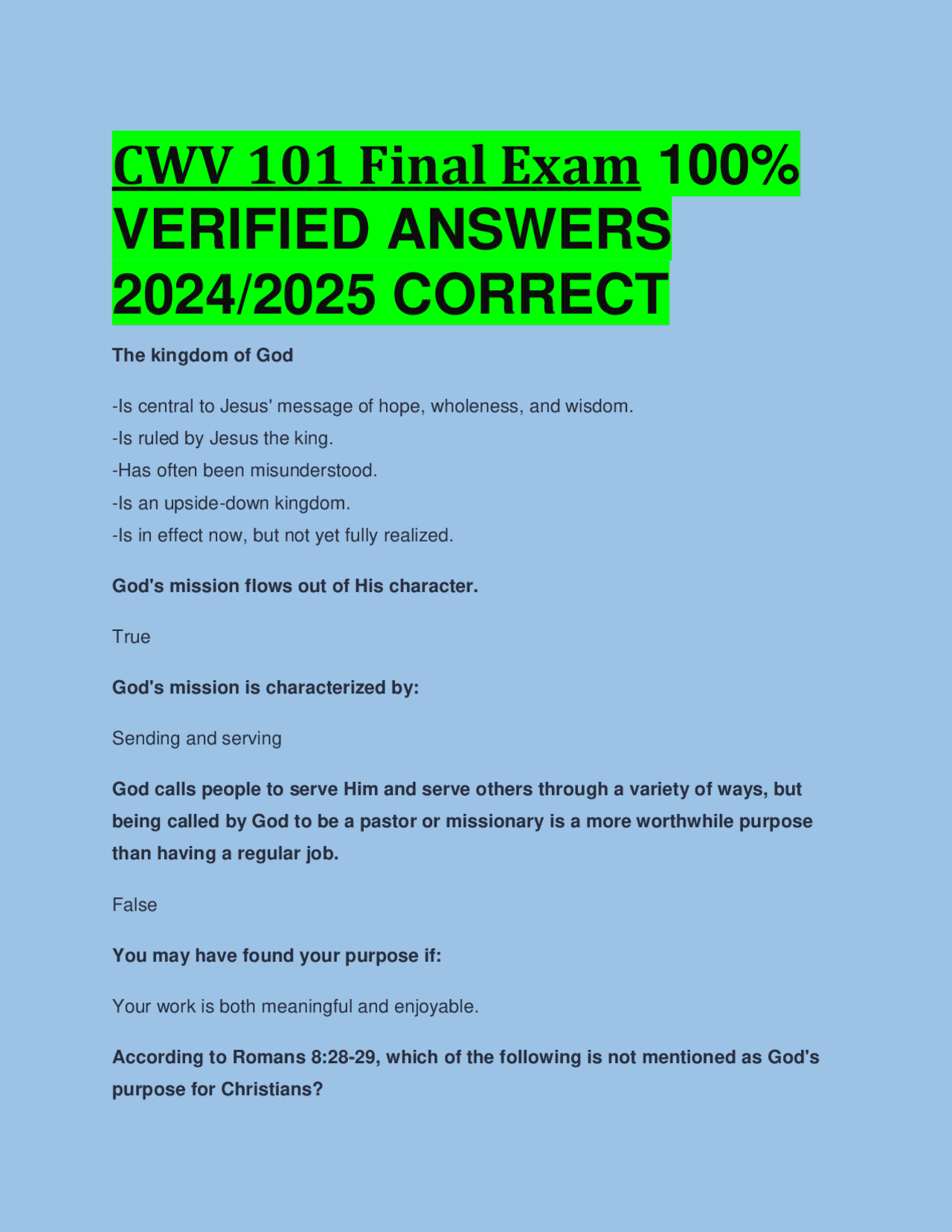 CWV 101 Final Exam 100% VERIFIED ANSWERS 2024/2025 CORRECT | Study ...