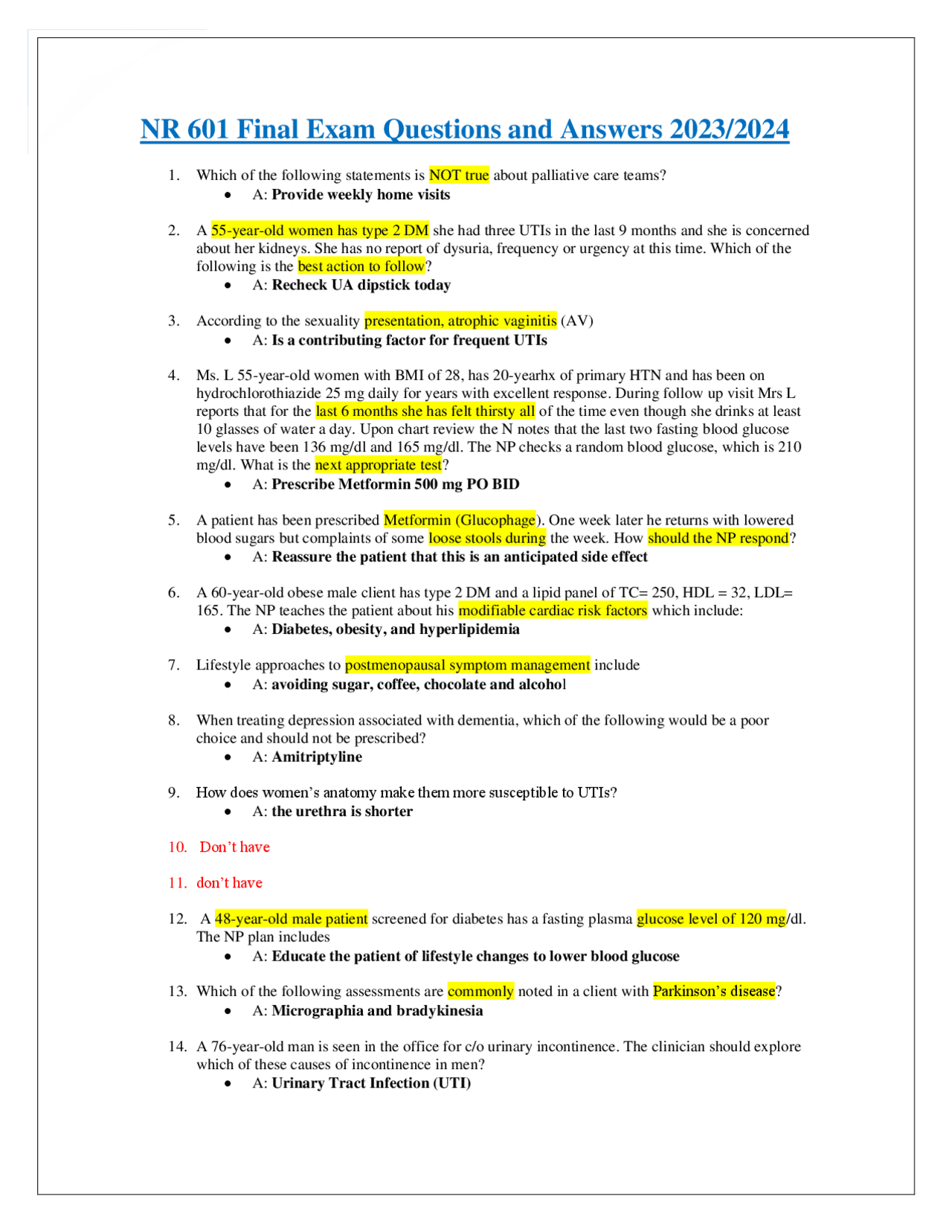 NR 601 Final Exam Questions and Answers 2023/2024 | Exams Nursing | Docsity
