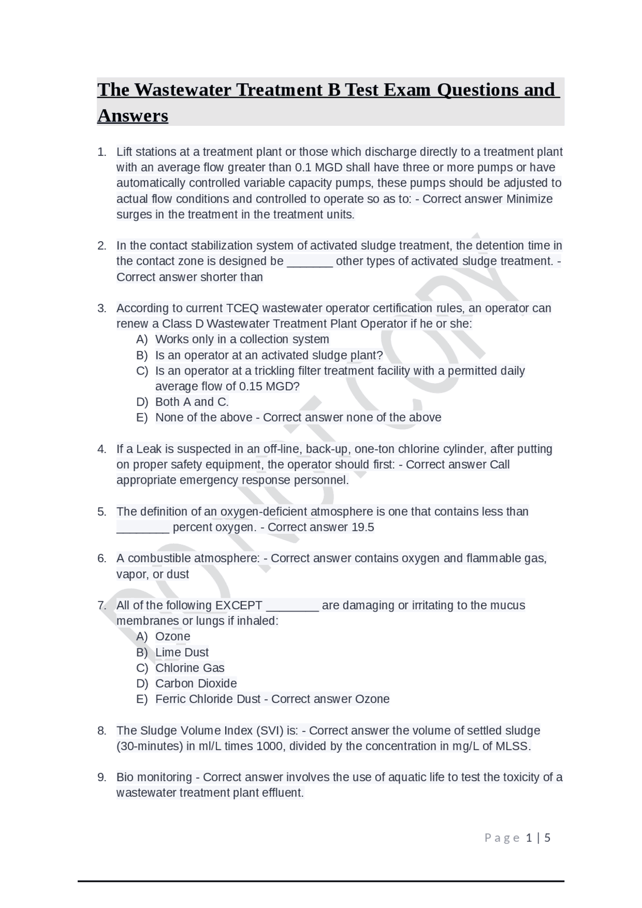 The Wastewater Treatment B Test Exam Questions and Answers Exams