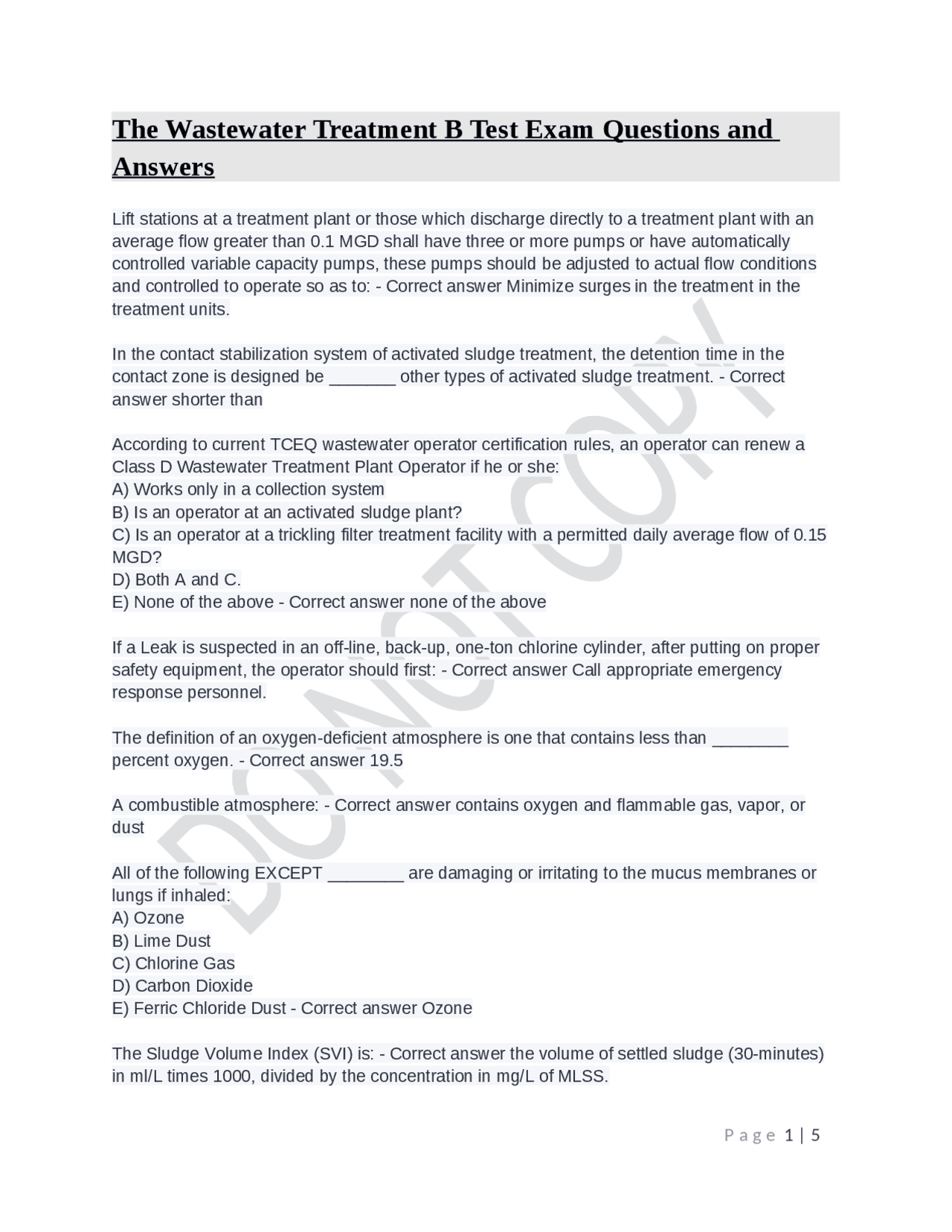 The Wastewater Treatment B Test Exam Questions and Answers Exams