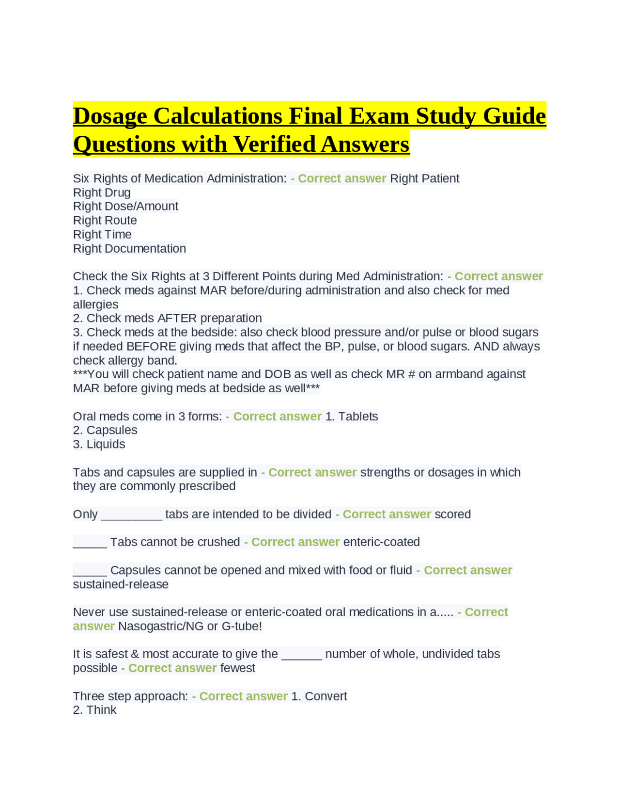 Dosage Calculations Final Exam Study Guide Questions with Verified ...