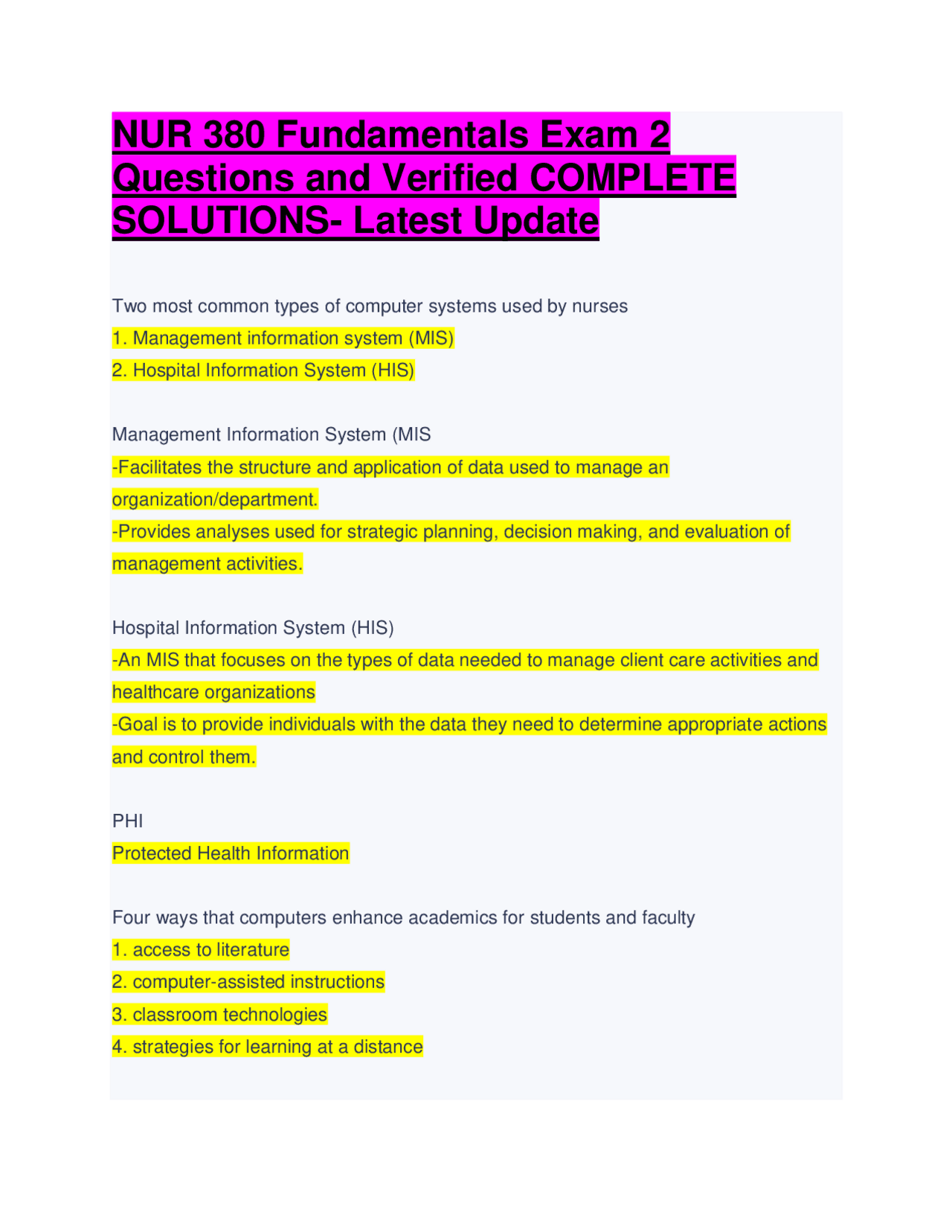 NUR 380 Fundamentals Exam 2 Questions and Verified COMPLETE SOLUTIONS ...