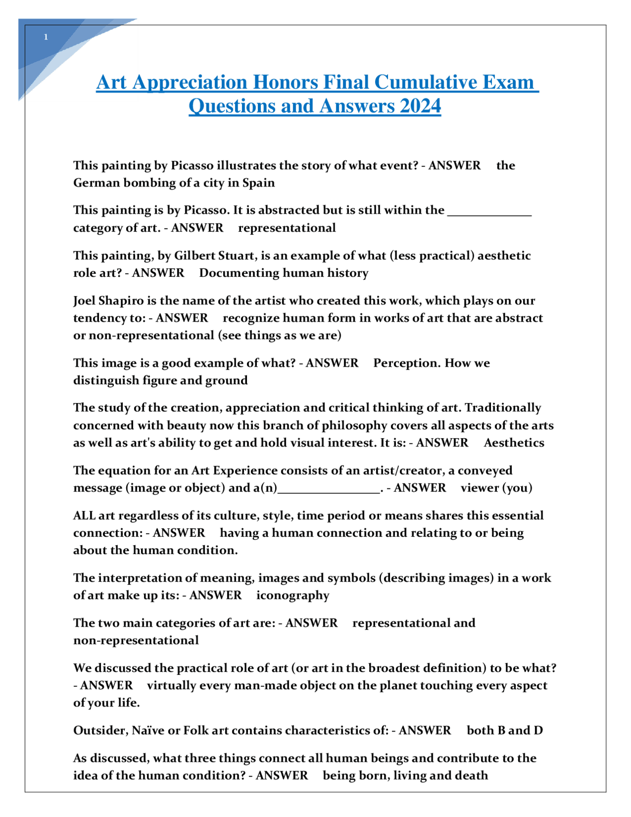 Art Appreciation Honors Final Cumulative Exam Questions and Answers