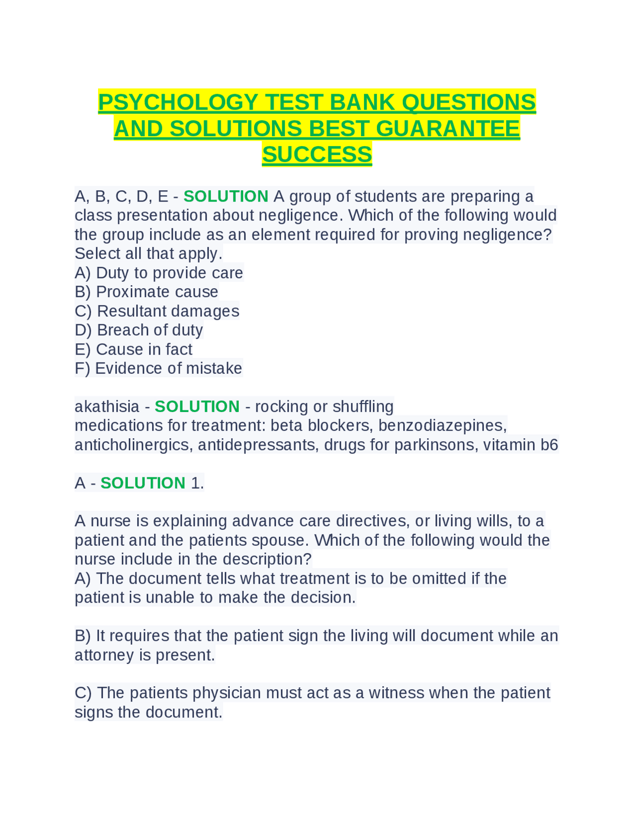 PSYCHOLOGY TEST BANK QUESTIONS AND SOLUTIONS BEST GUARANTEE SUCCESS ...