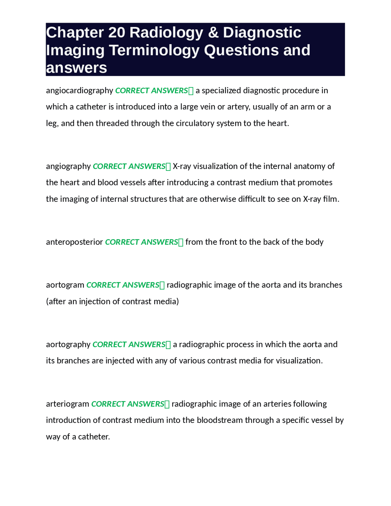 Chapter 20 Radiology & Diagnostic Imaging Terminology Questions and