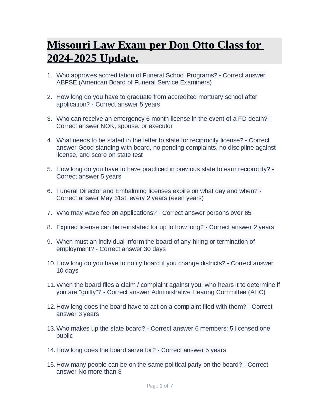 Missouri Law Exam per Don Otto Class for 20242025 Update. Exams