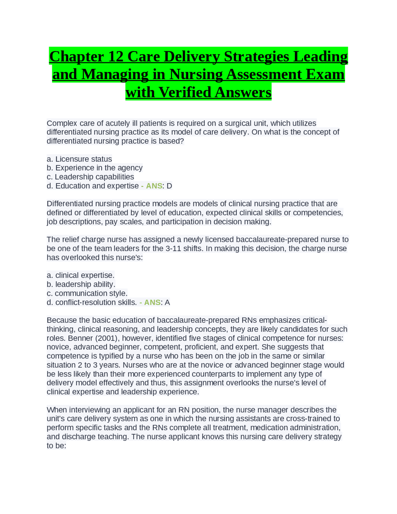 Chapter 12 Care Delivery Strategies Leading and Managing in Nursing ...