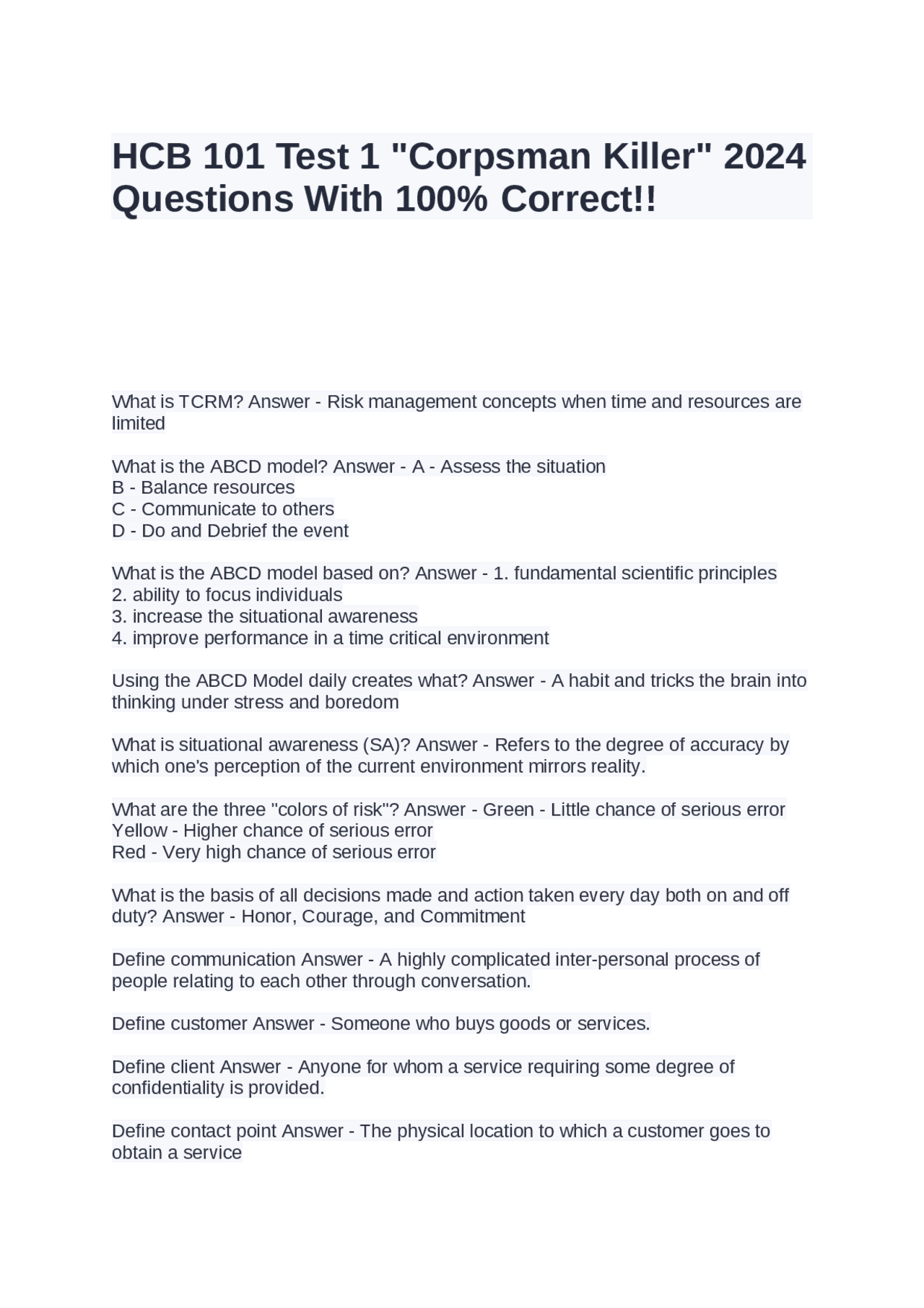 HCB 101 Test 1 Corpsman Killer 2024 Questions With 100% Correct ...
