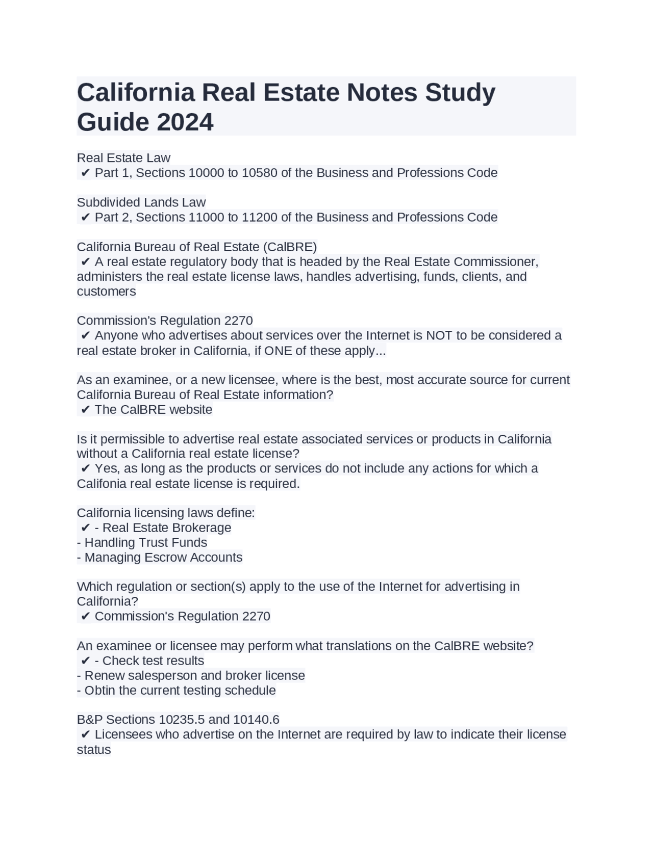 California Real Estate Notes Study Guide 2024 | Exams Nursing | Docsity