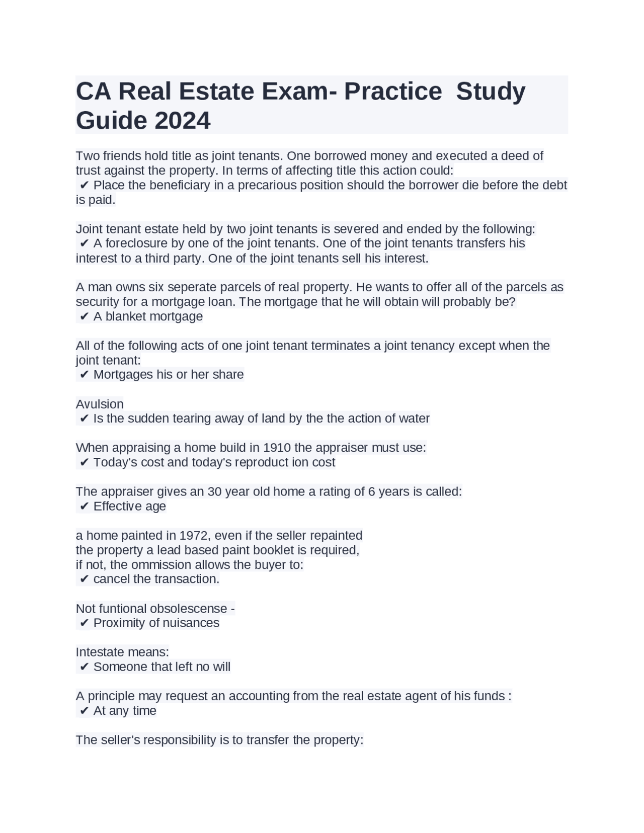 CA Real Estate Exam Practice Study Guide 2024 Exams Nursing Docsity