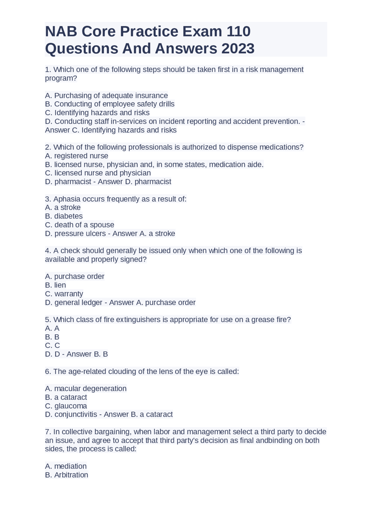 NAB Core Practice Exam 110 Questions and Answers 2023 | Exams Nursing ...