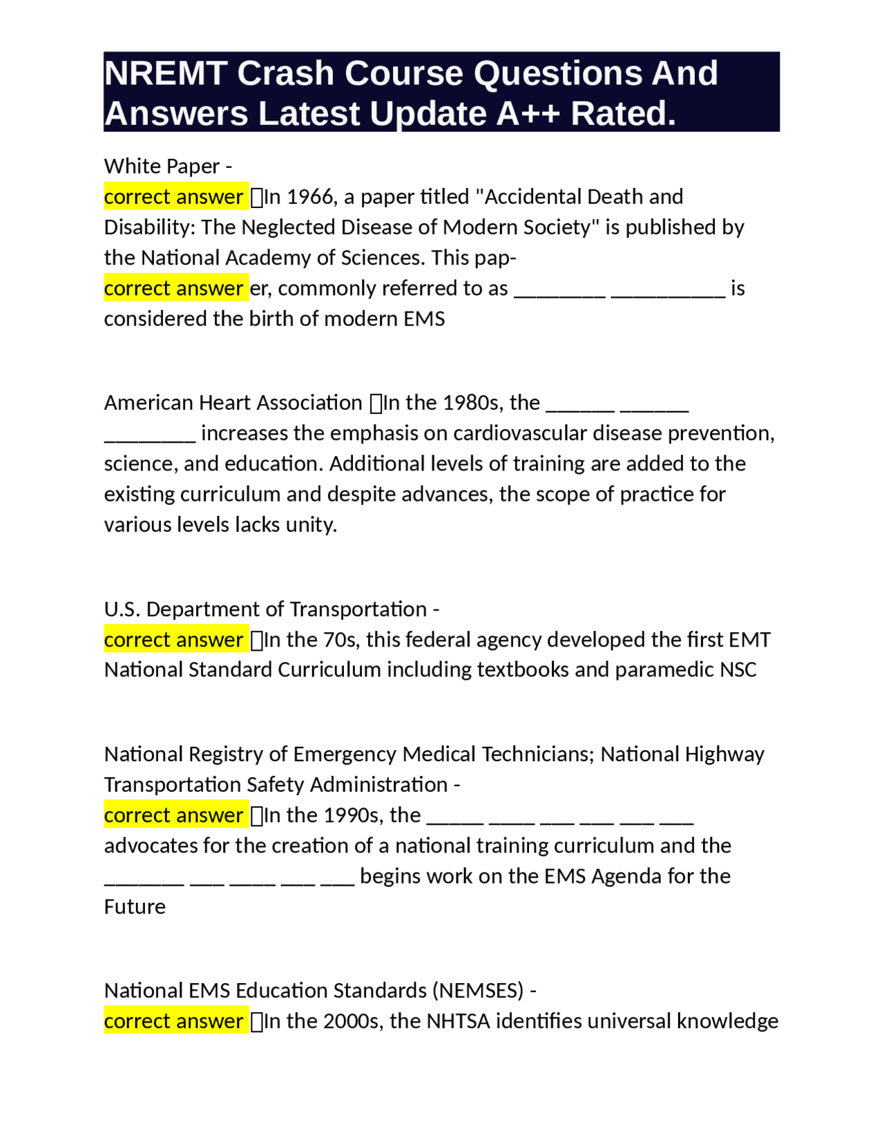NREMT Crash Course Questions And Answers Latest Update A++ Rated