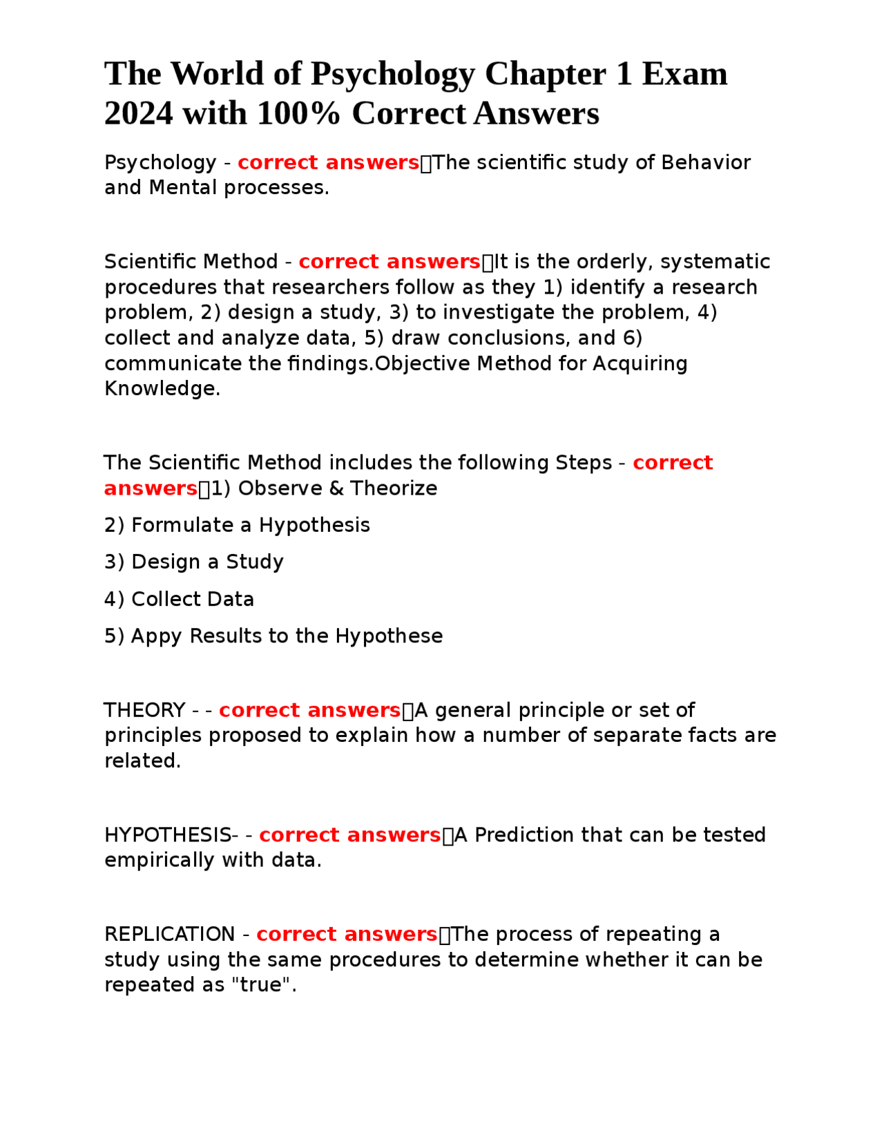 The World of Psychology Chapter 1 Exam 2024 with 100% Correct Answers ...