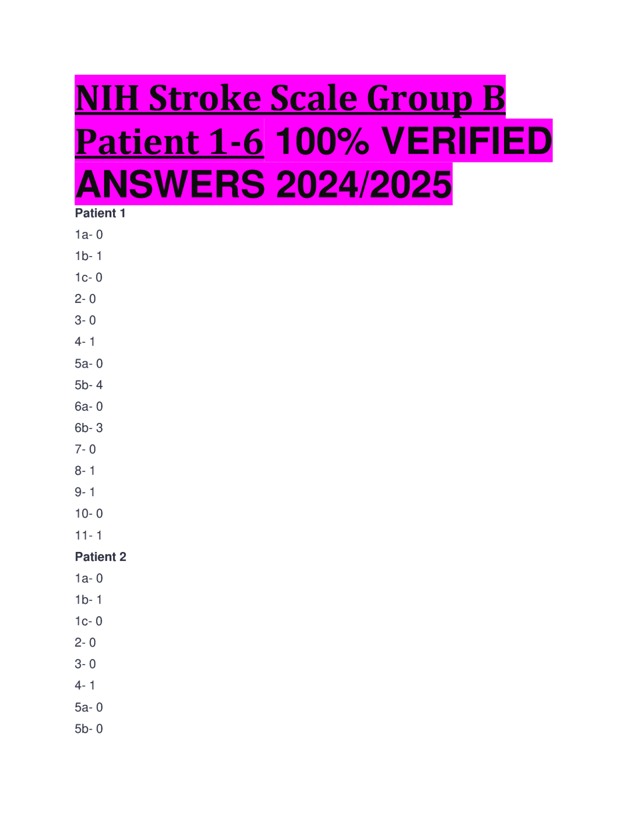 Nih Stroke Scale Group B Patient 1 6 Answers