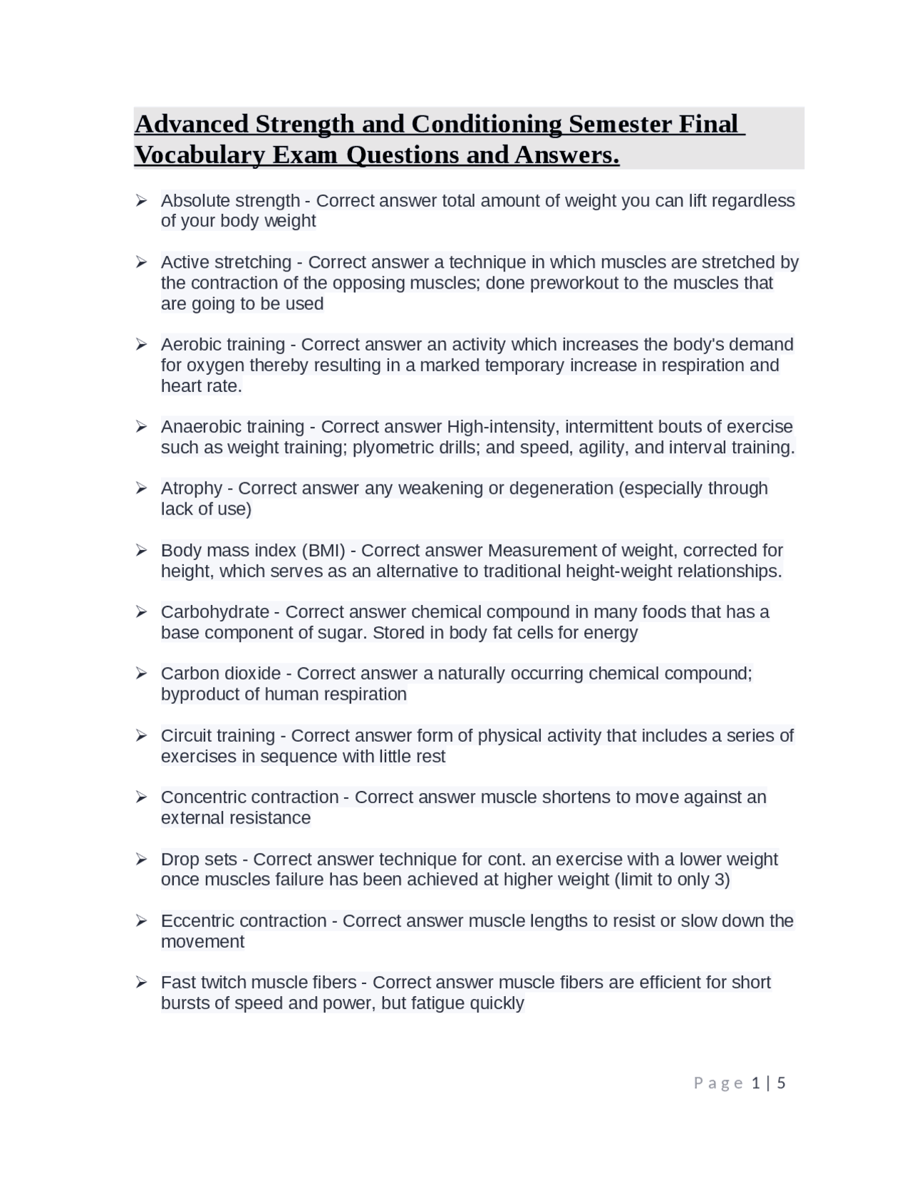 Advanced Strength and Conditioning Semester Final Vocabulary Exam
