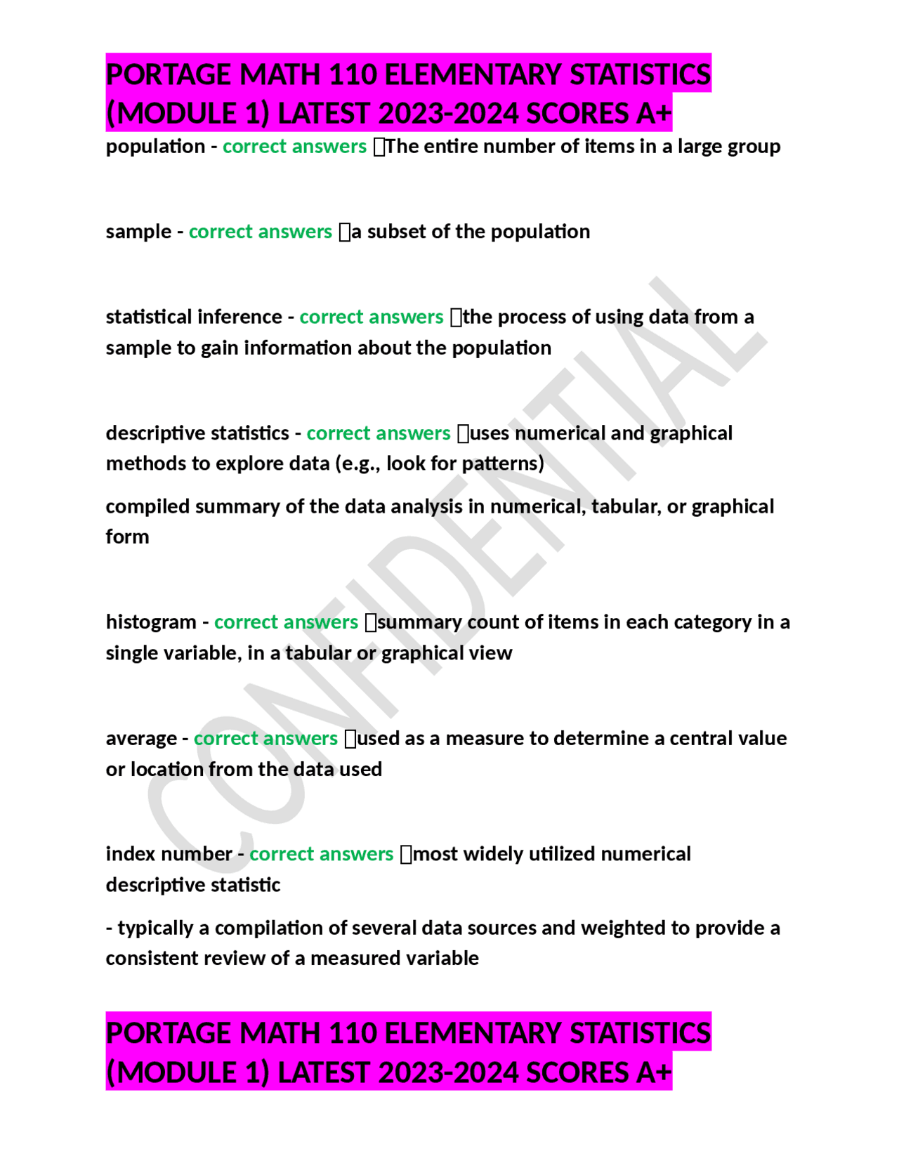 PORTAGE MATH 110 ELEMENTARY STATISTICS (MODULE 1) LATEST 2023-2024 ...