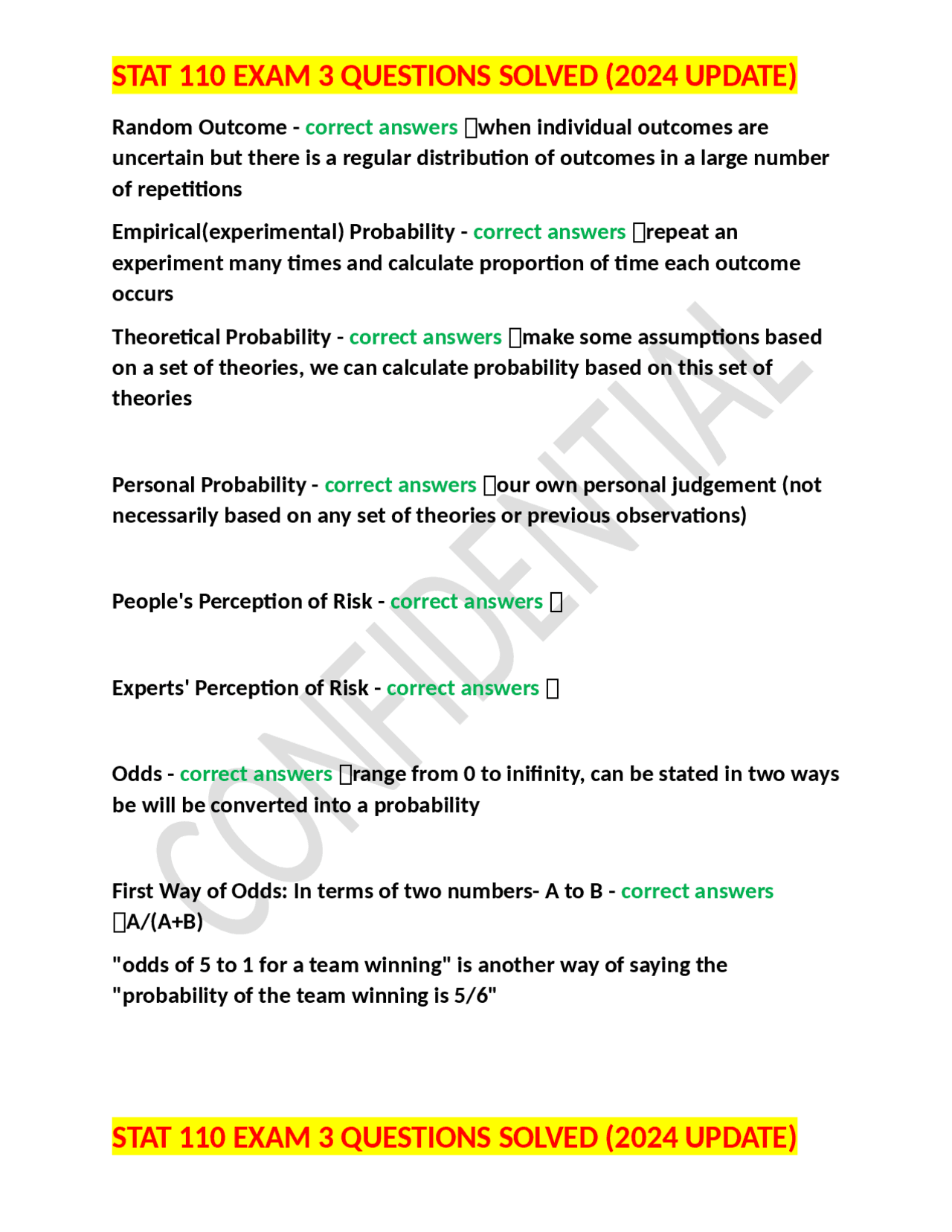 STAT 110 Exam 3 Questions Solved: Probability and Statistics Concepts ...