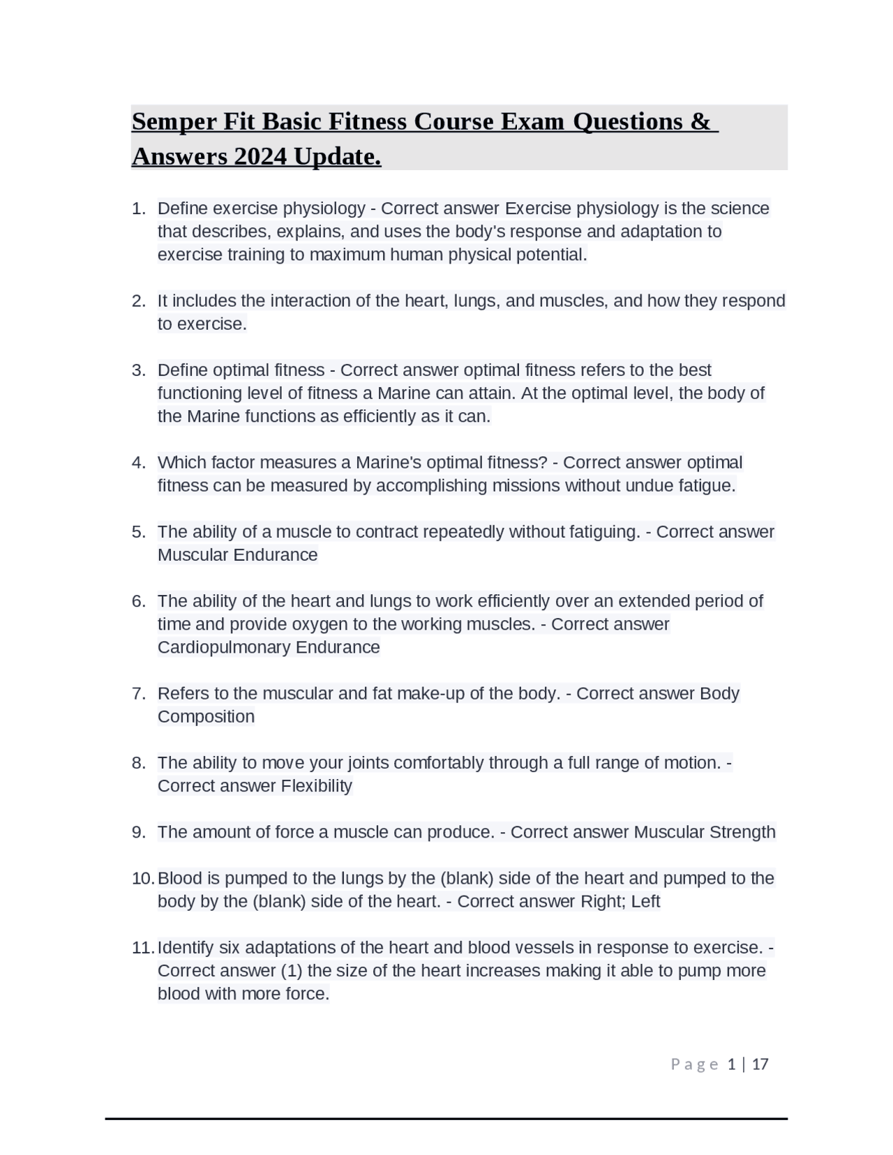 Semper Fit Basic Fitness Course Exam Questions & Answers 2024 Update(02)