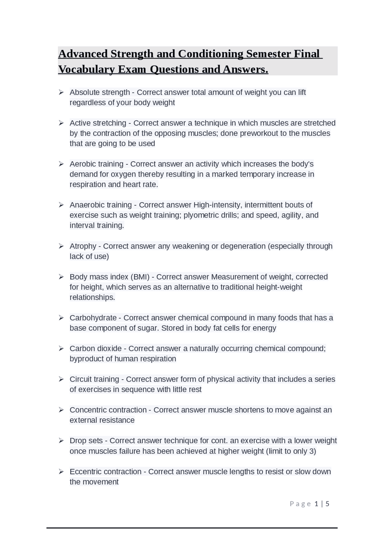 Advanced Strength and Conditioning Semester Final Vocabulary Exam