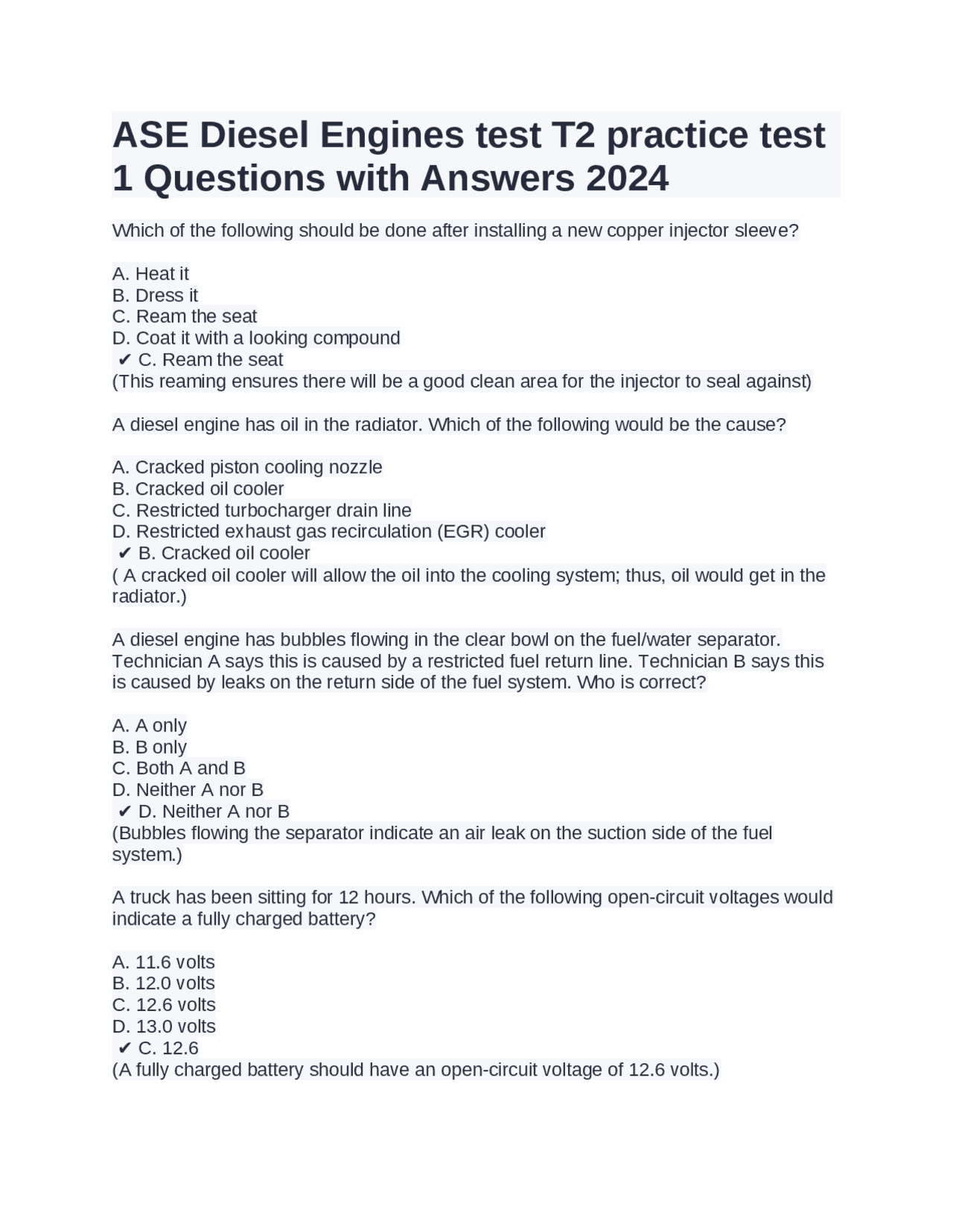 ASE Diesel Engines test T2 practice test 1 Questions with Answers 2024 Exams Engineering Docsity