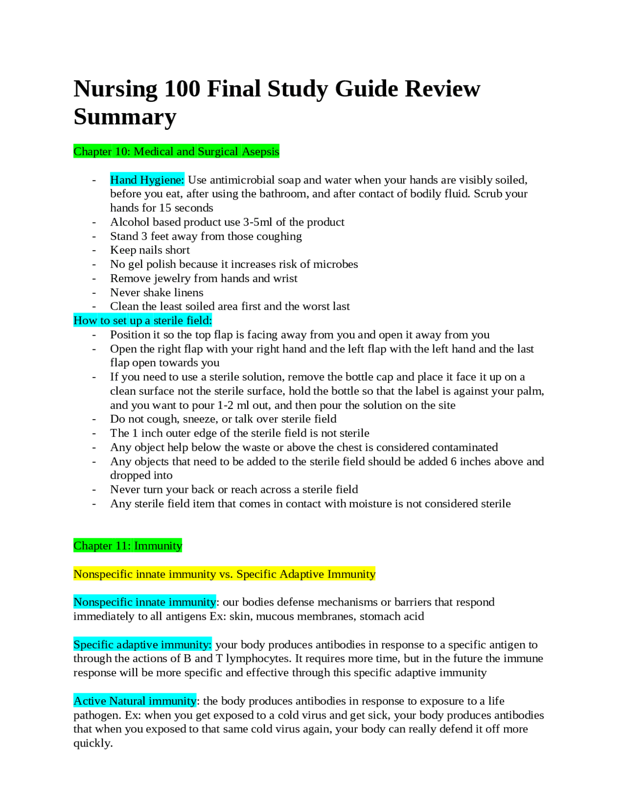 Nursing 100 Final Study Guide Review Summary | Study notes Nursing ...