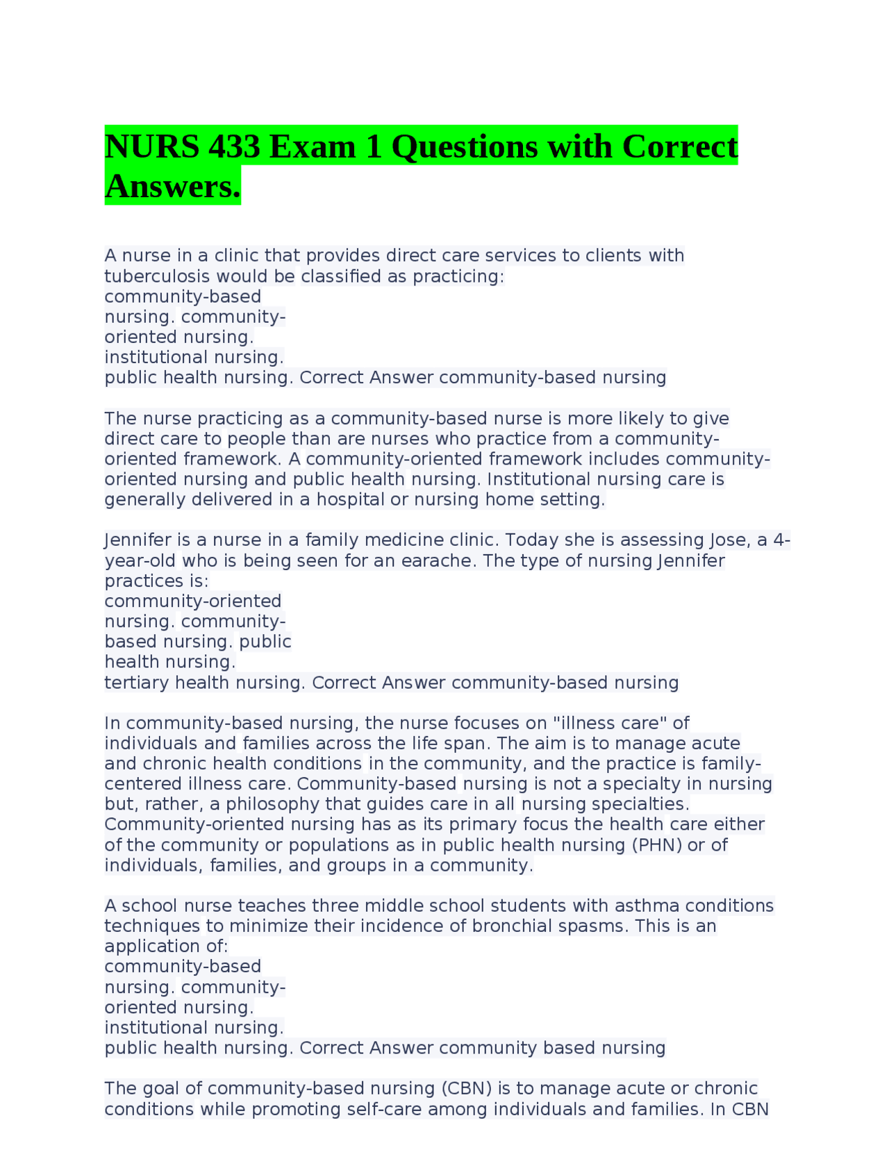 NURS 433 Exam 1 Questions with Correct Answers. | Exams Nursing | Docsity