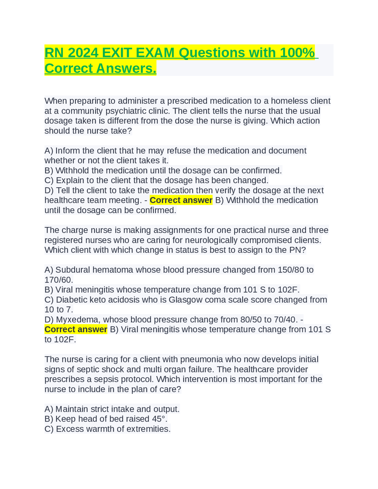 RN 2024 EXIT EXAM Questions with 100% Correct Answers. | Exams Nursing ...