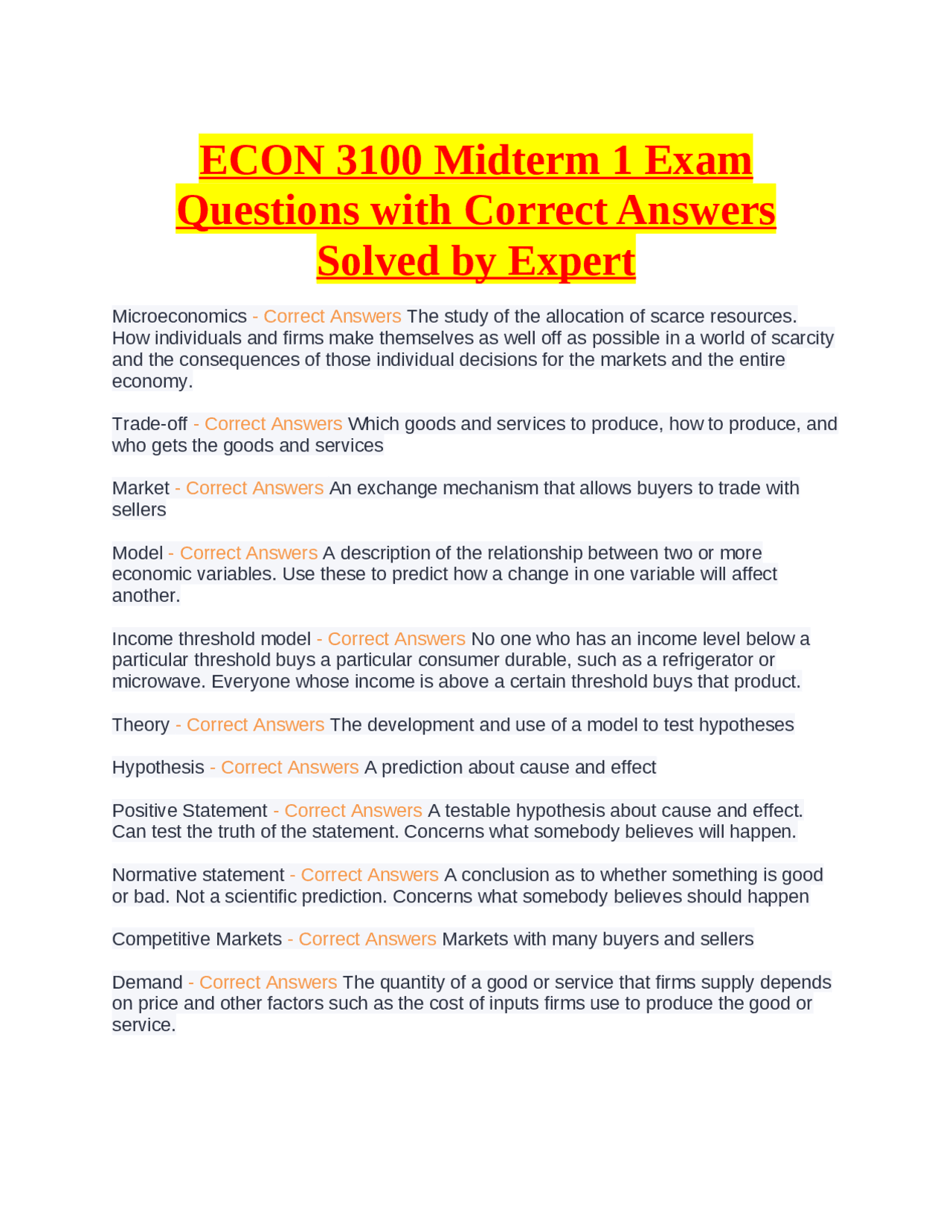 ECON 3100 Midterm 1 Exam Questions with Correct Answers Solved by ...