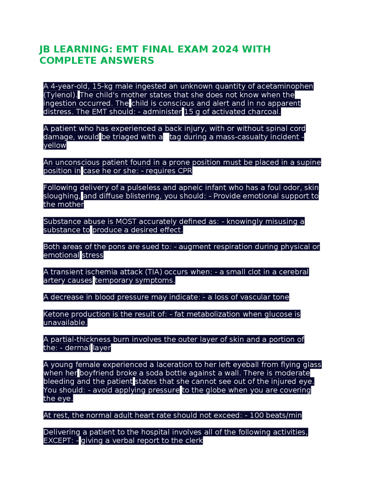 JB LEARNING EMT FINAL EXAM 2024 WITH COMPLETE ANSWERS Exams Nursing