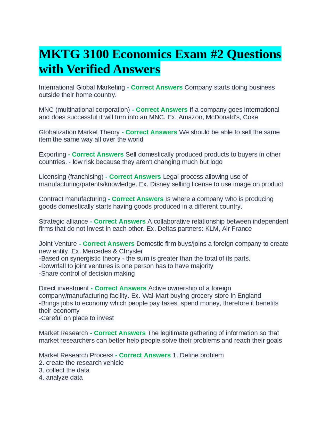 MKTG 3100 Economics Exam #2 Questions with Verified Answers | Exams ...