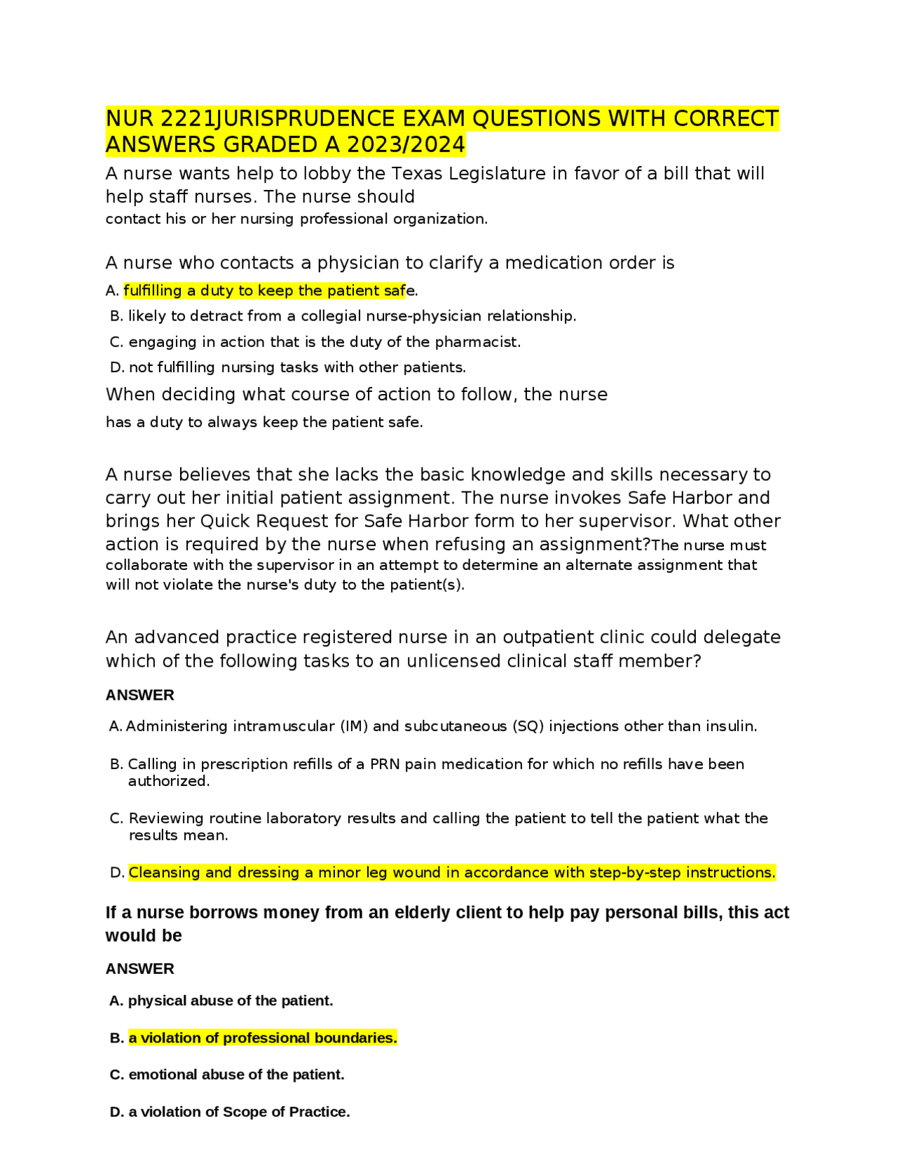 NUR 2221JURISPRUDENCE EXAM QUESTIONS WITH CORRECT ANSWERS GRADED A 2023 ...