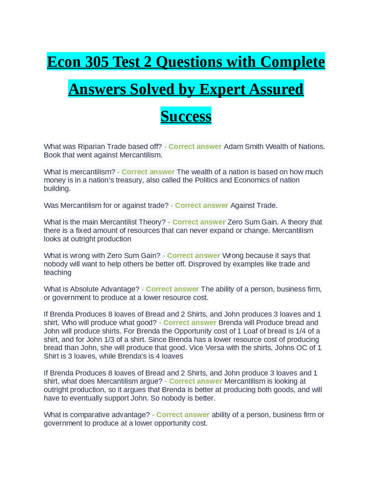 Econ 305 Test 2 Questions with Complete Answers Solved by Expert ...