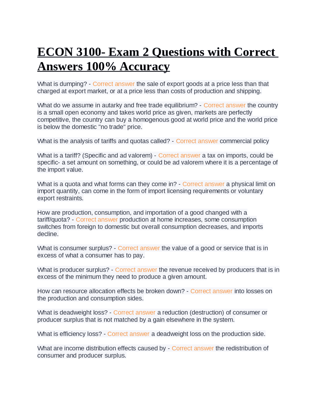 Econ 3100 Exam 2 Questions With Correct Answers 100 Accuracy Exams