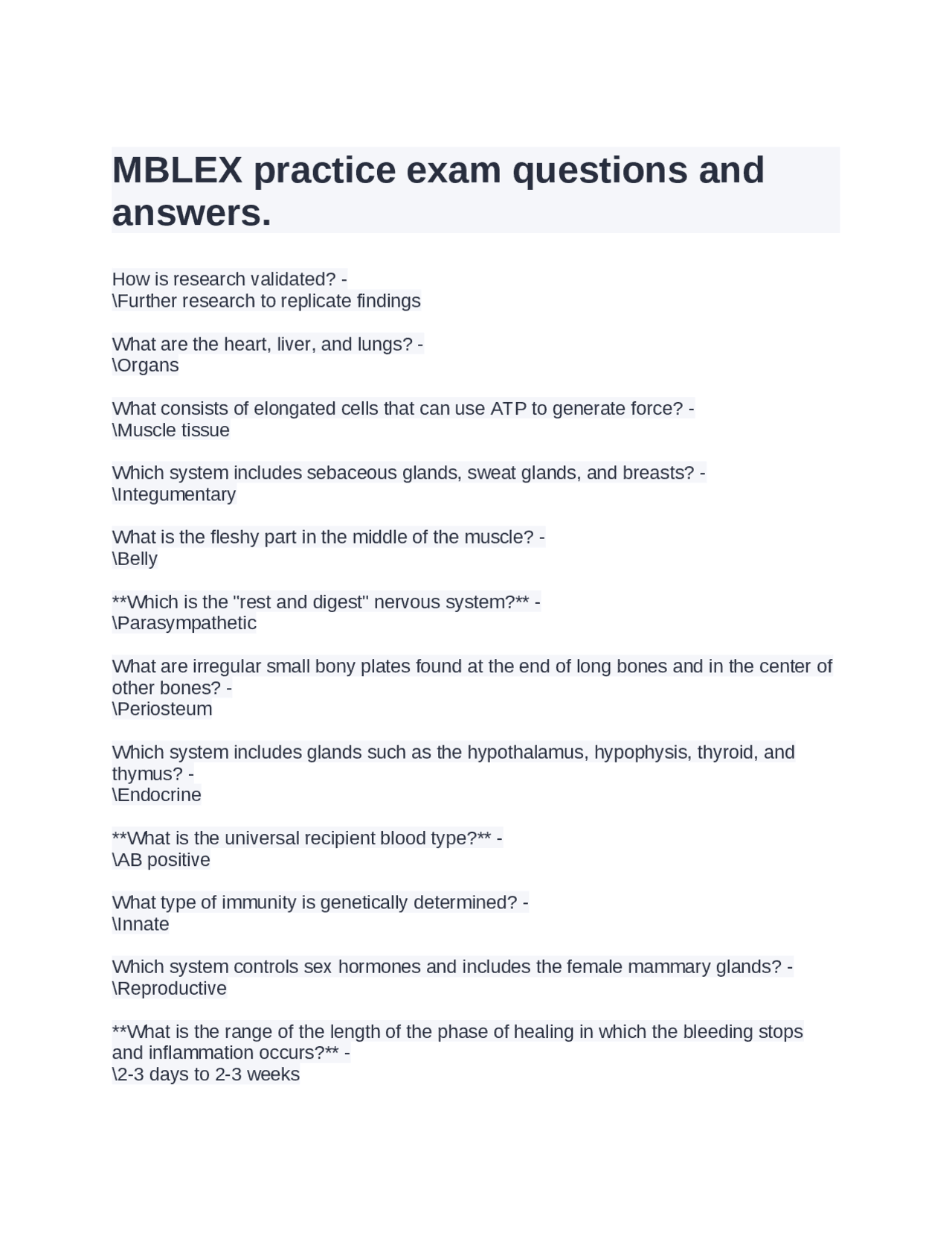 MBLEX practice exam questions and answers. | Exams Medicine | Docsity