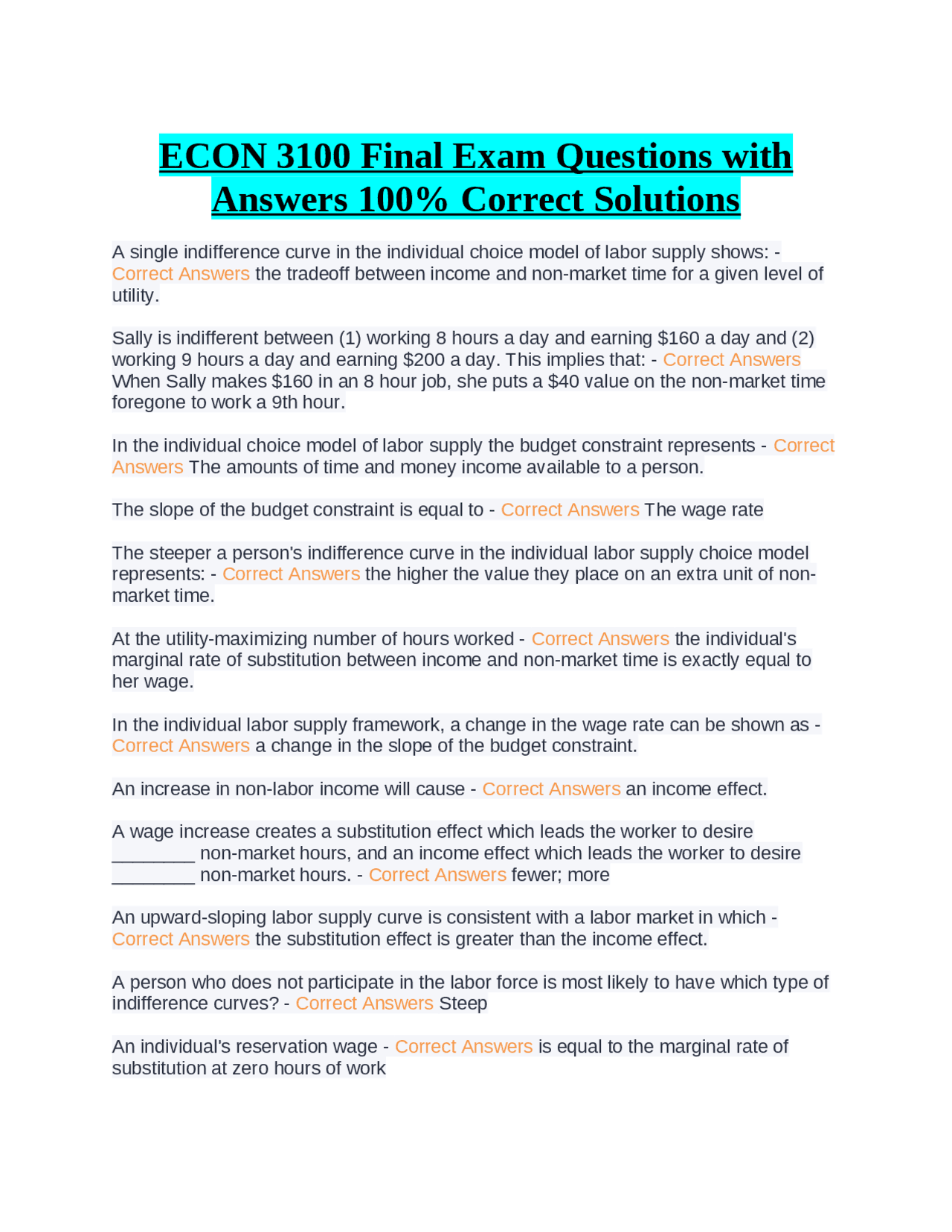 Econ 3100 Final Exam Questions With Answers 100 Correct Solutions