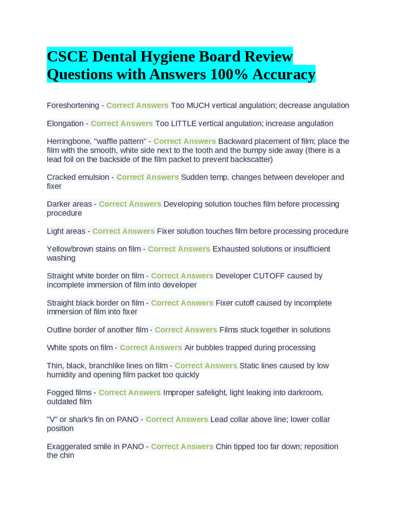 CSCE Dental Hygiene Board Review Questions with Answers 100 Accuracy Exams Health sciences