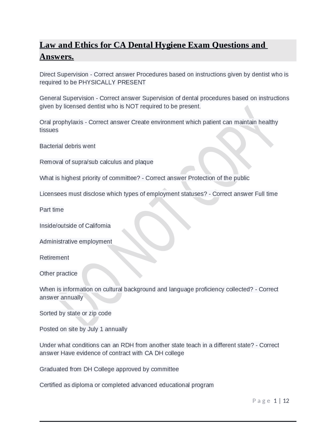 Law and Ethics for CA Dental Hygiene Exam Questions and Answers ...