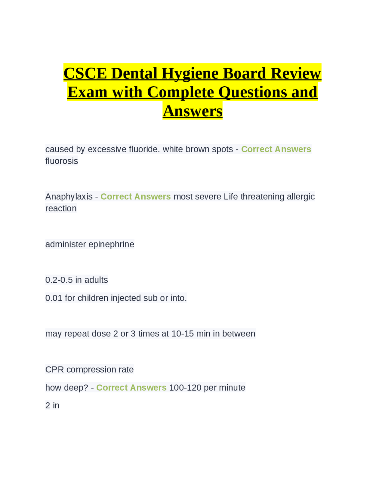 CSCE Dental Hygiene Board Review Exam with Complete Questions and Answers Exams Health
