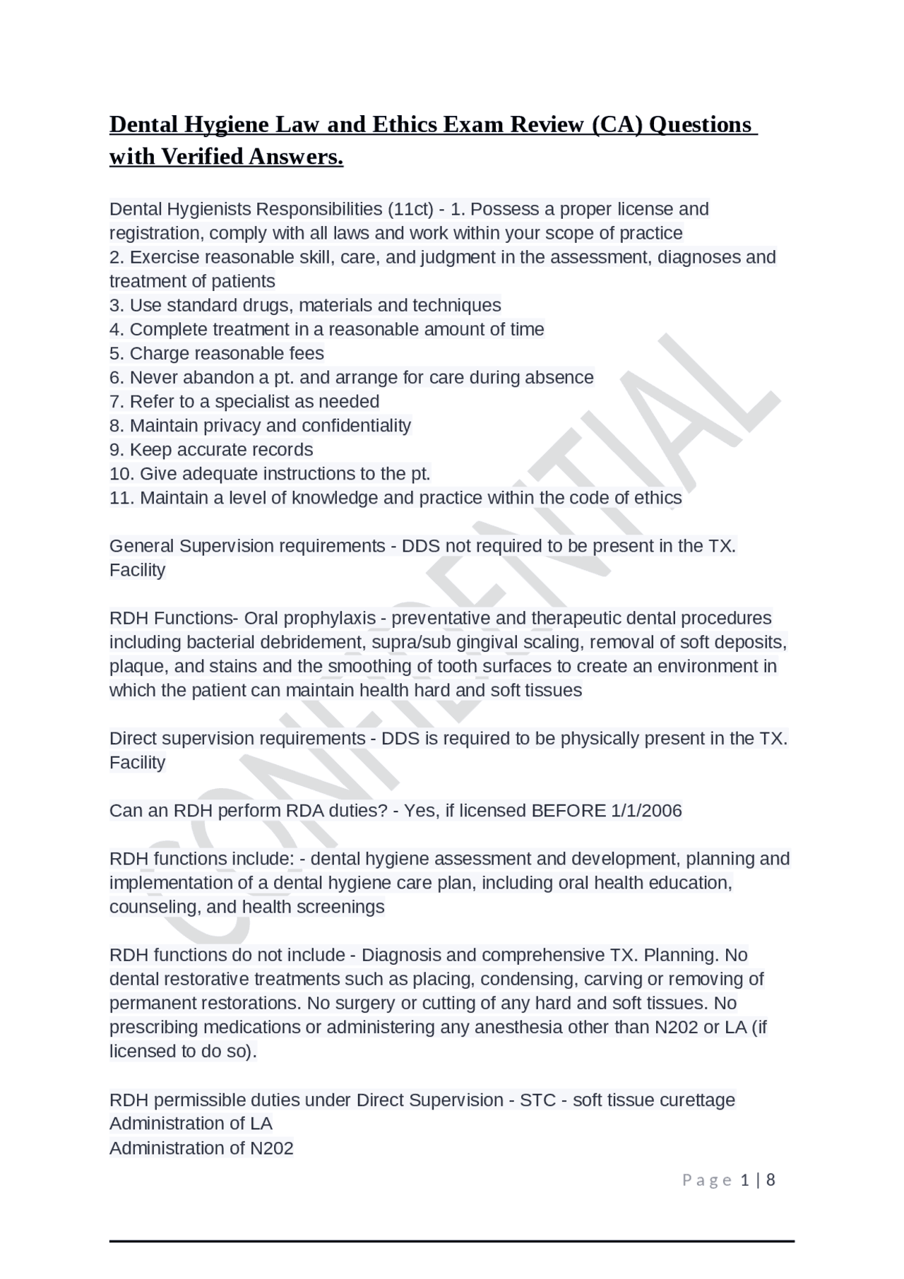 Dental Hygiene Law and Ethics Exam Review (CA) Questions with Verified Answers. Exams Media