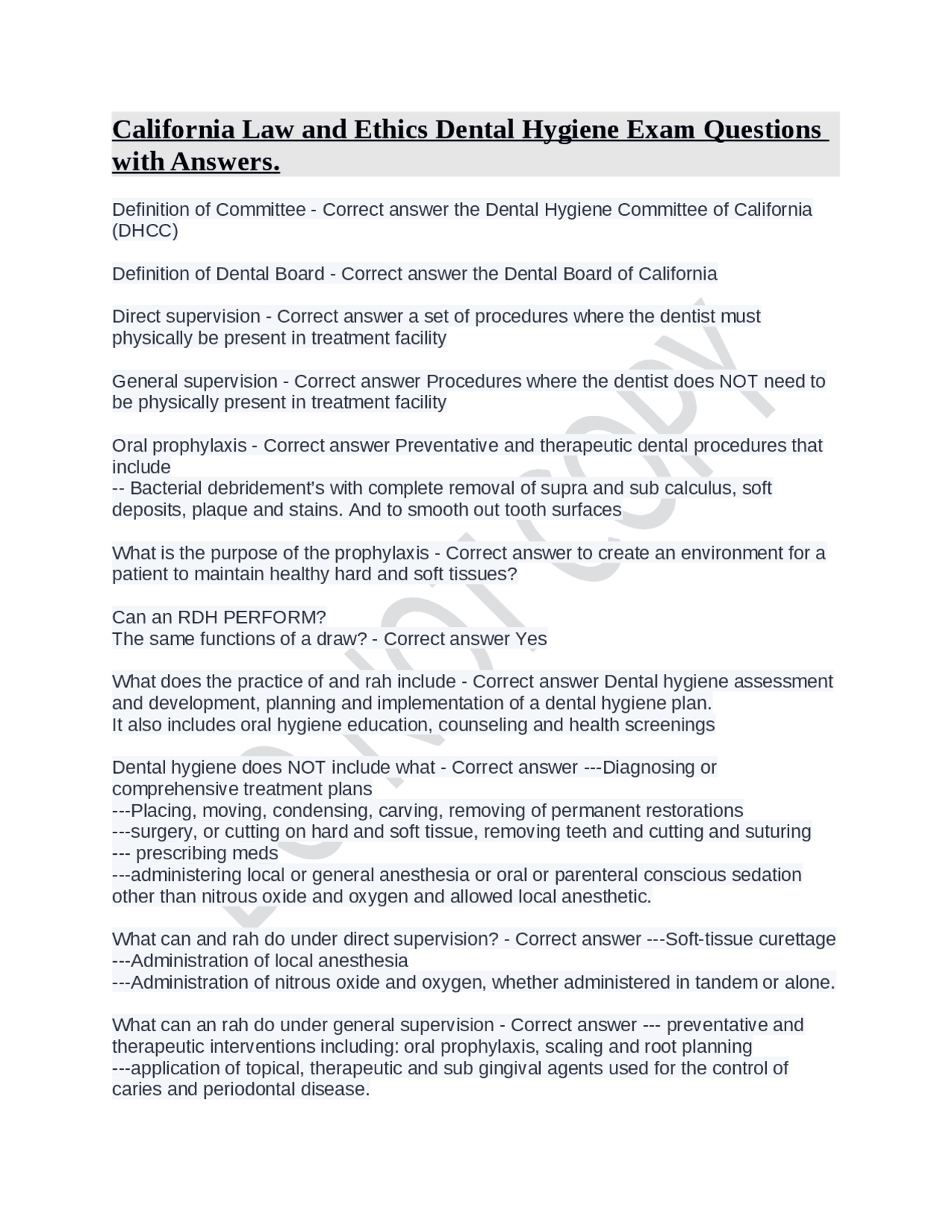 California Law and Ethics Dental Hygiene Exam Questions with Answers
