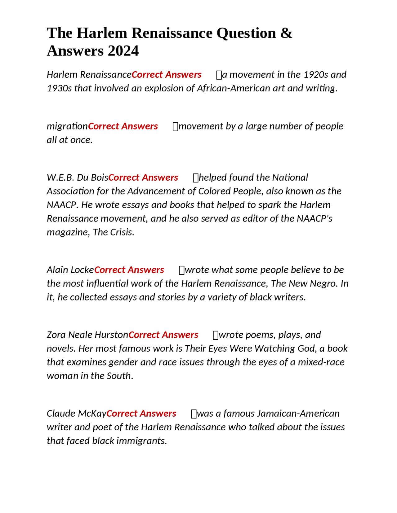Harlem Renaissance Study Guide 2024 | Exams Nursing | Docsity